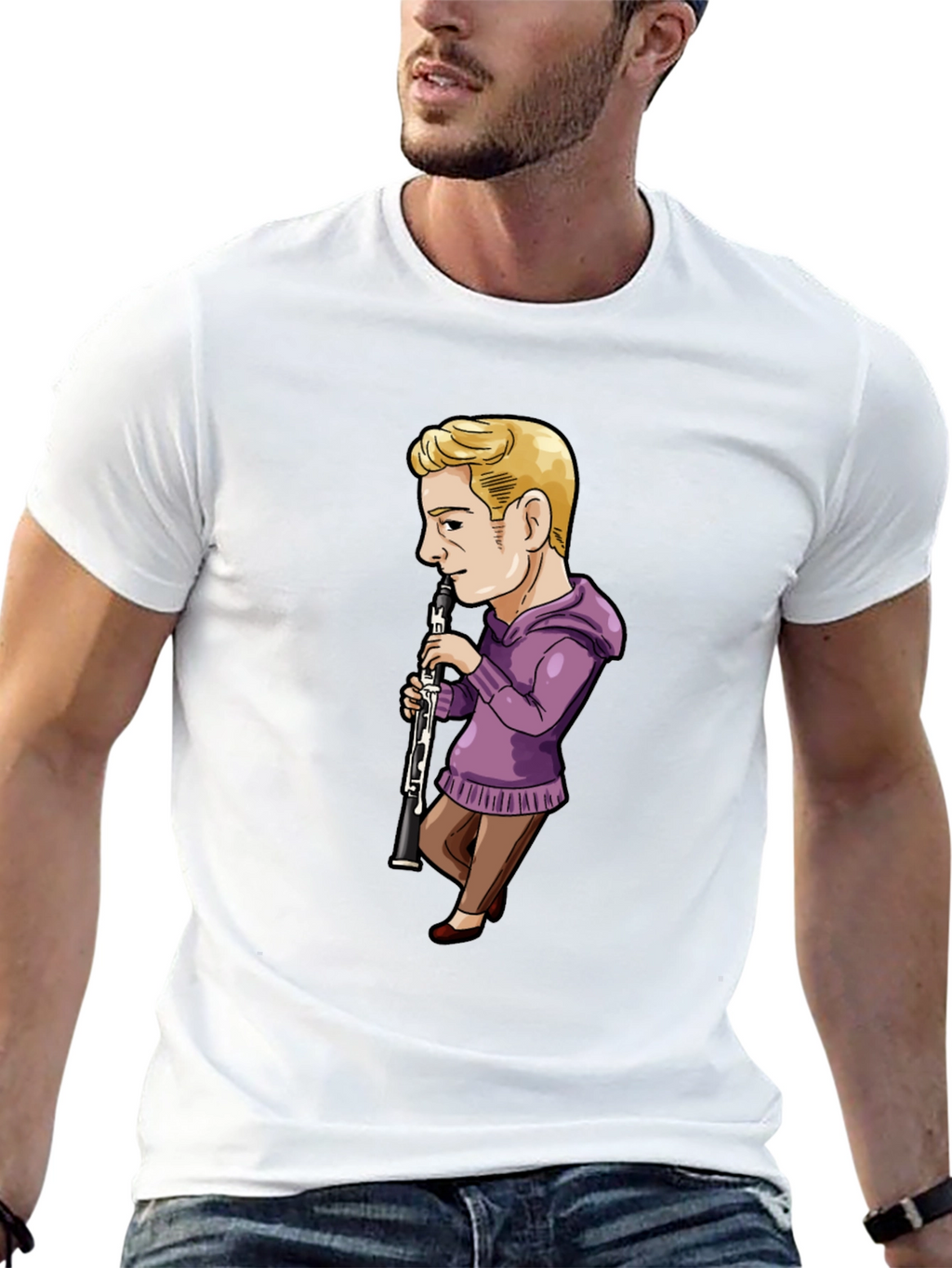 Cartoon Clarinet Player on Black T-Shirt