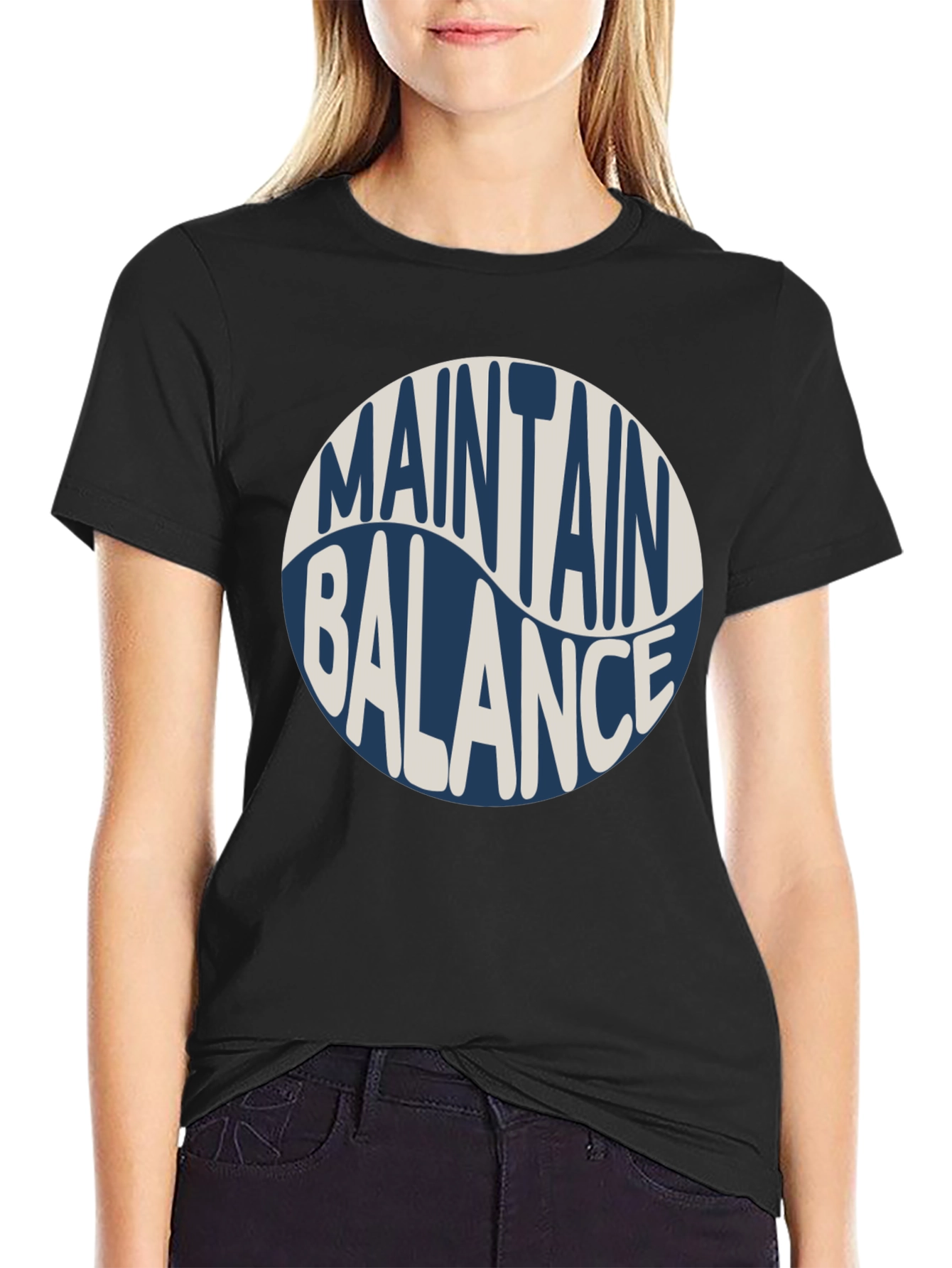 Maintain Balance Graphic Tee - Black Crew Neck Cotton Shirt