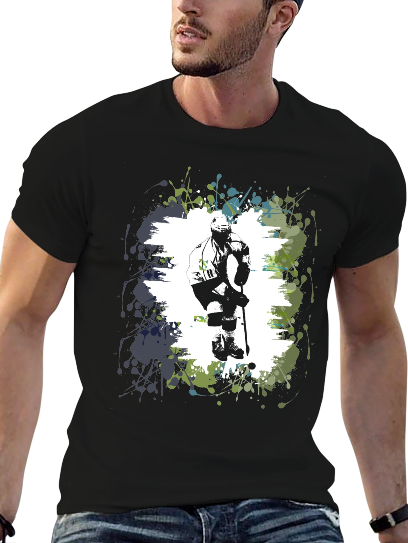 Hockey Player Graphic T-Shirt - Black