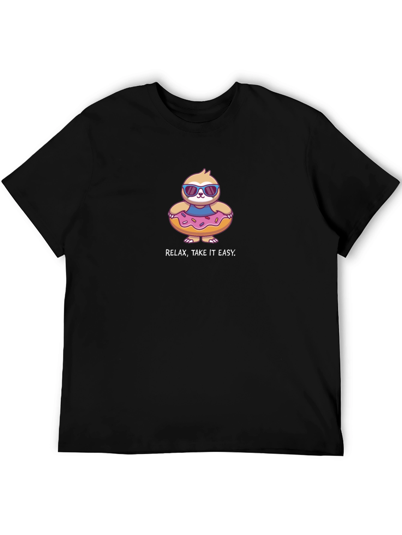 Relax Take it Easy Sloth in Donut Pool Float Black T-Shirt