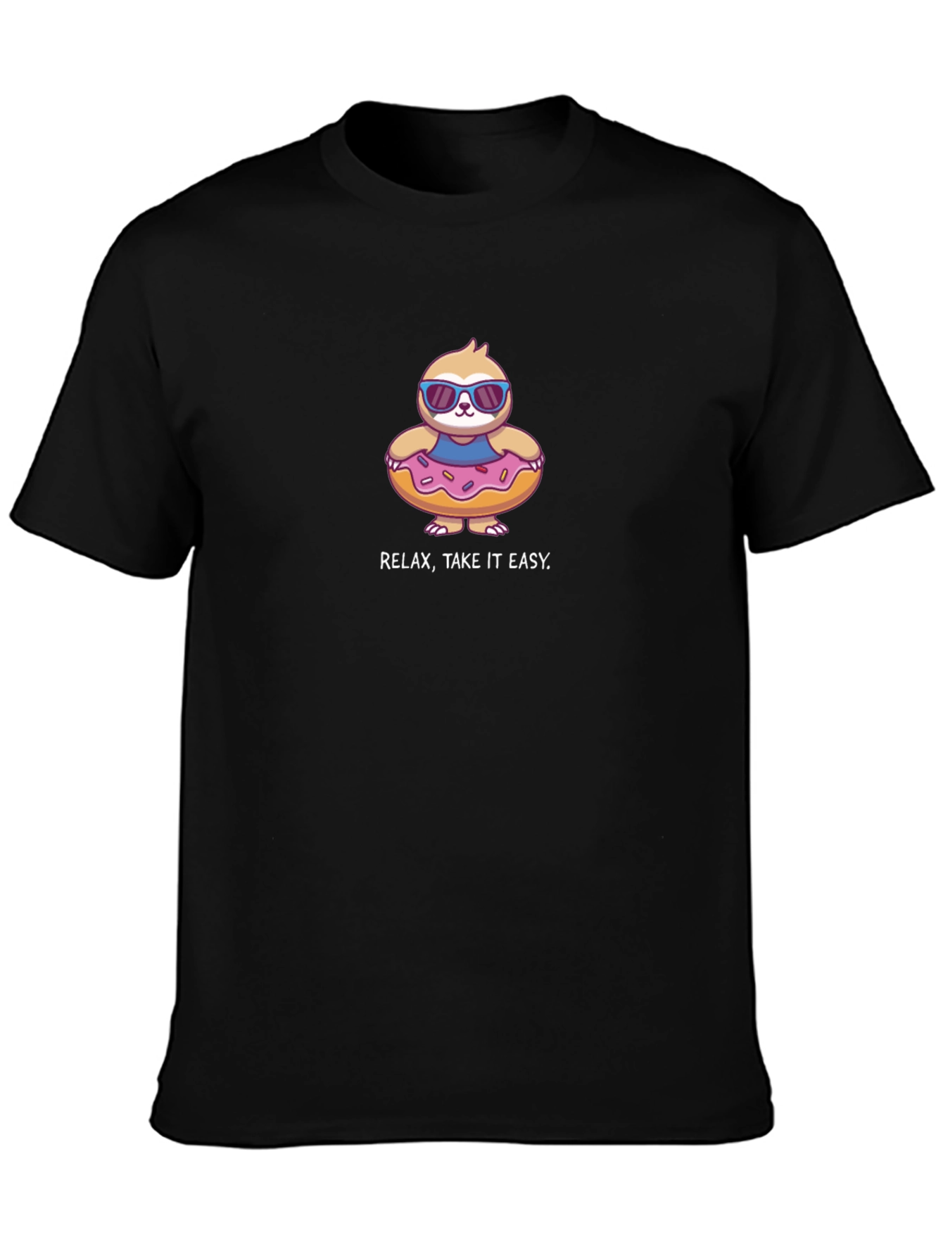 Relax Take it Easy Sloth in Donut Pool Float Black T-Shirt