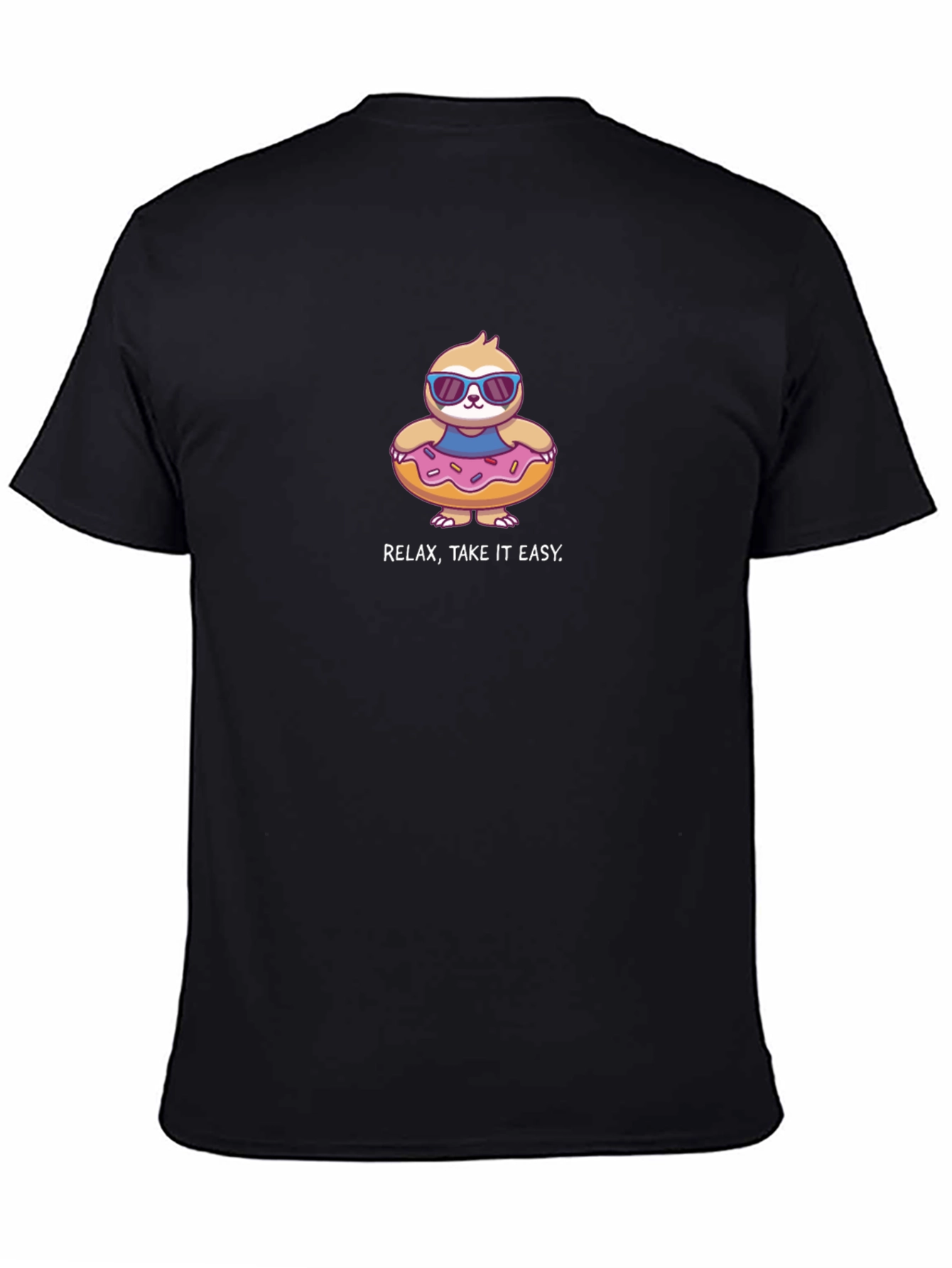 Relax Take it Easy Sloth in Donut Pool Float Black T-Shirt