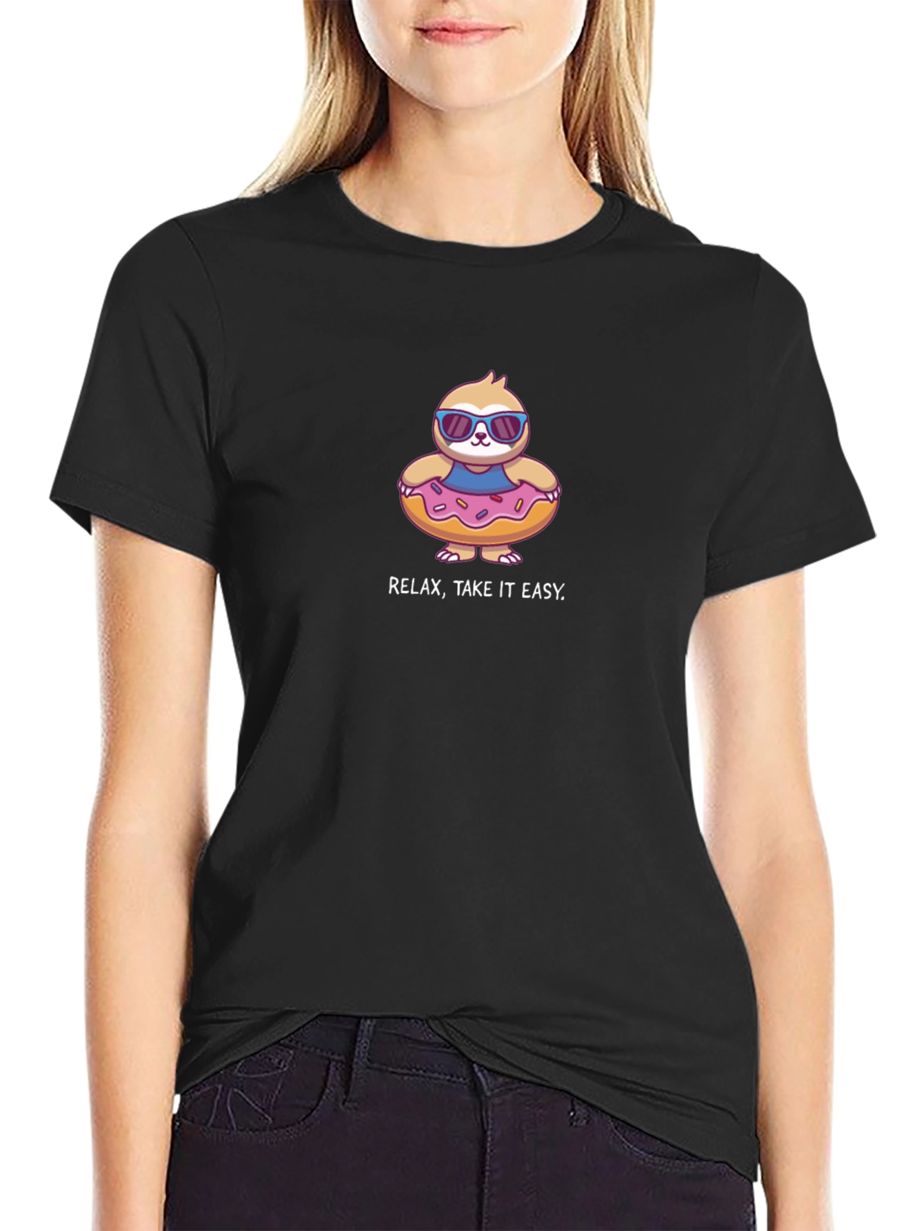 Relax Take it Easy Sloth in Donut Pool Float Black T-Shirt