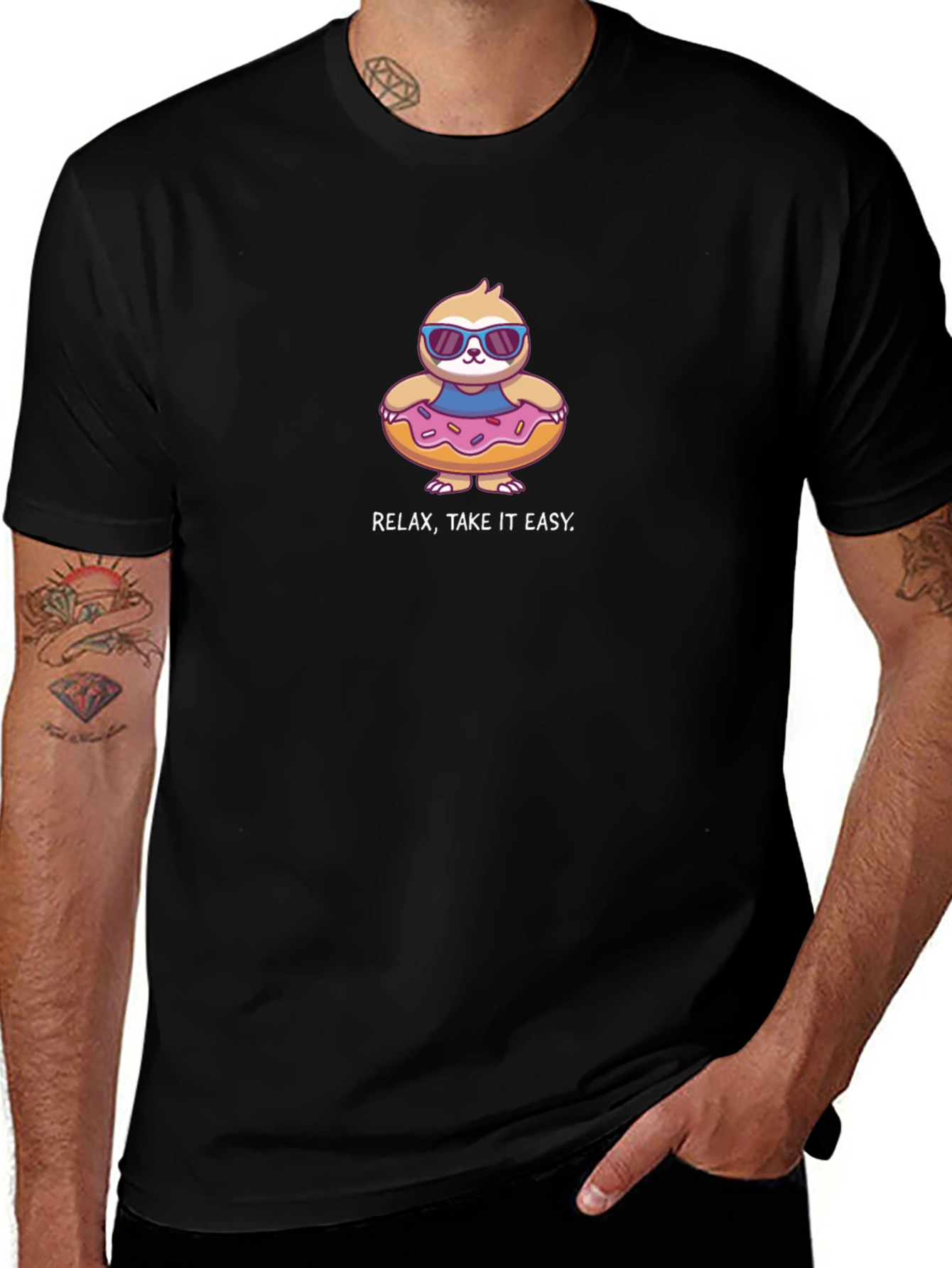 Relax Take it Easy Sloth in Donut Pool Float Black T-Shirt