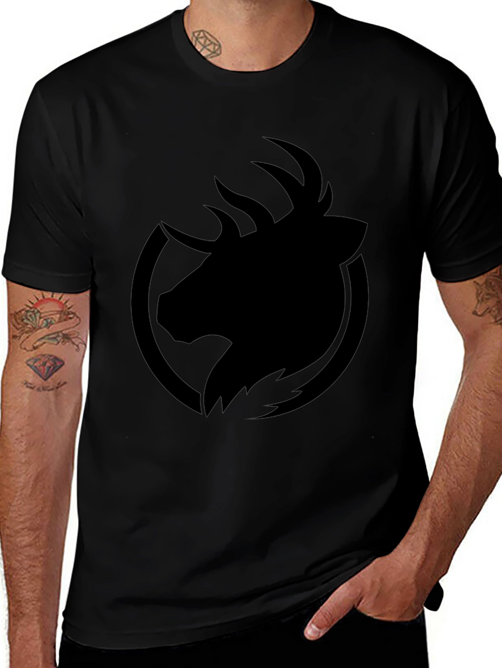 Mens Black T-Shirt - Abstract Deer Graphic