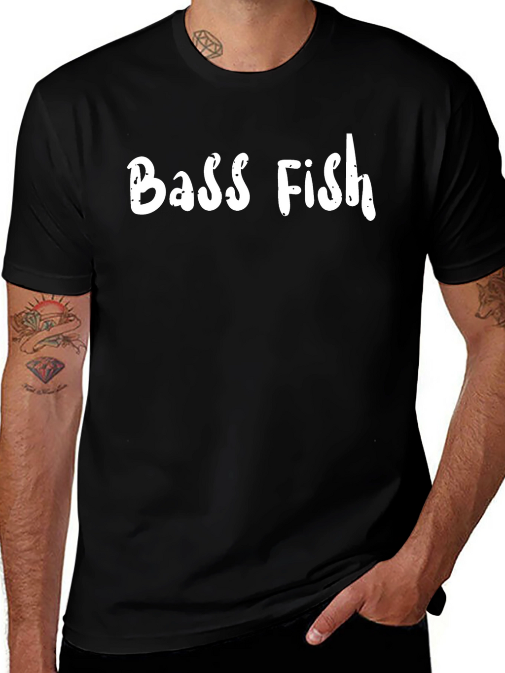 Bass Fish Graphic Print Black T-Shirt