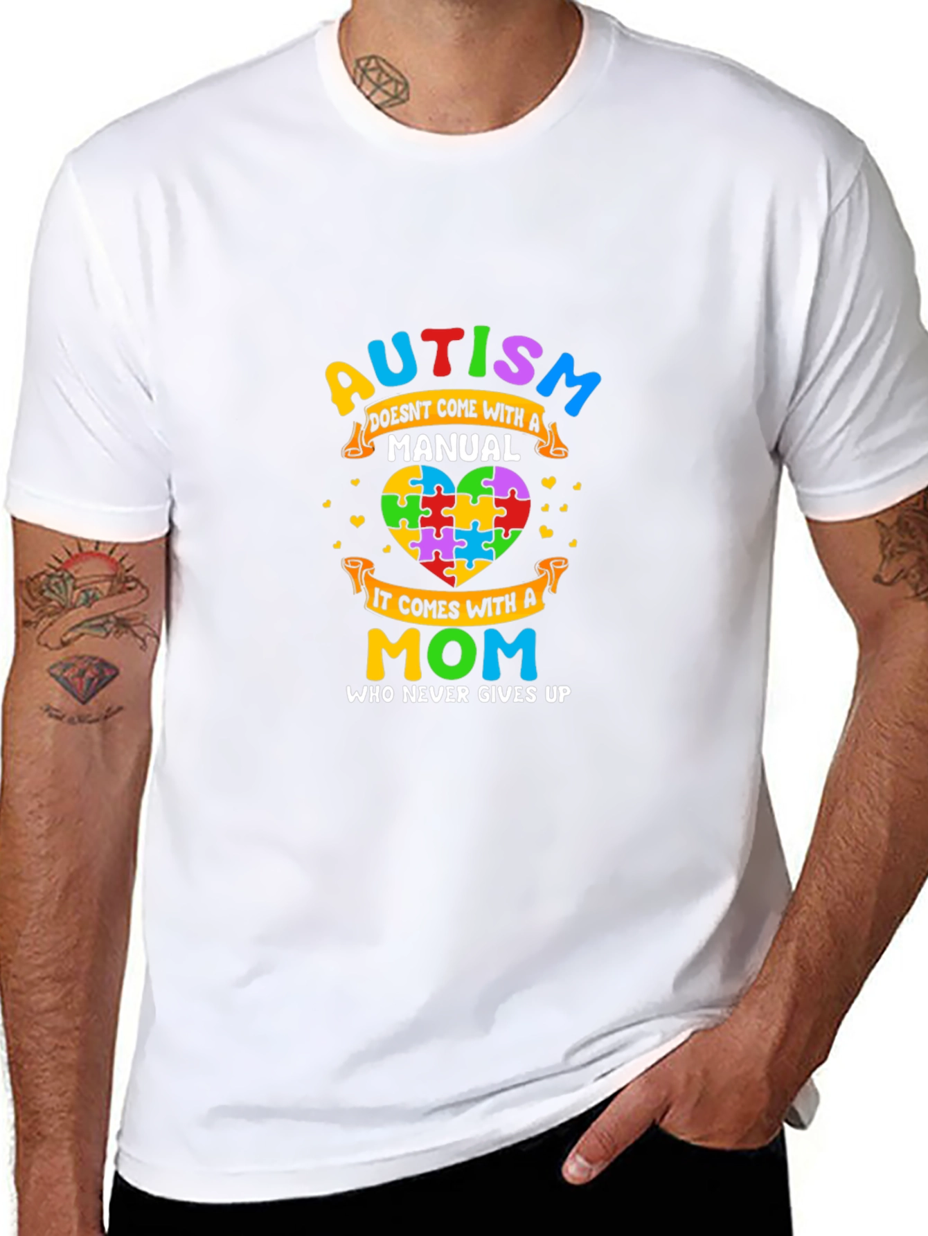 Autism Mom T-Shirt - Never Gives Up Puzzle Heart Design