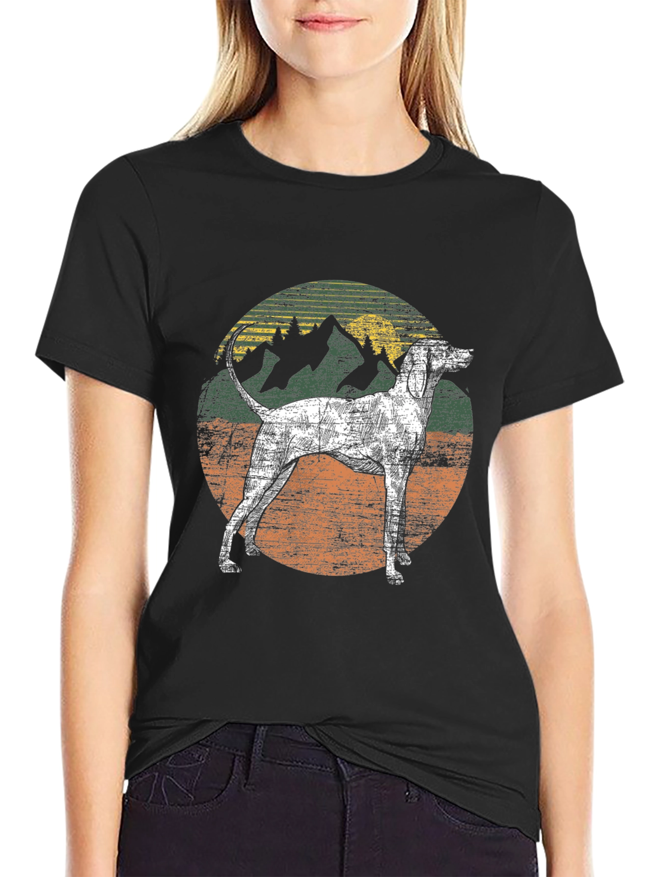 Vintage Dog & Mountain Graphic Tee - Black Cotton Blend