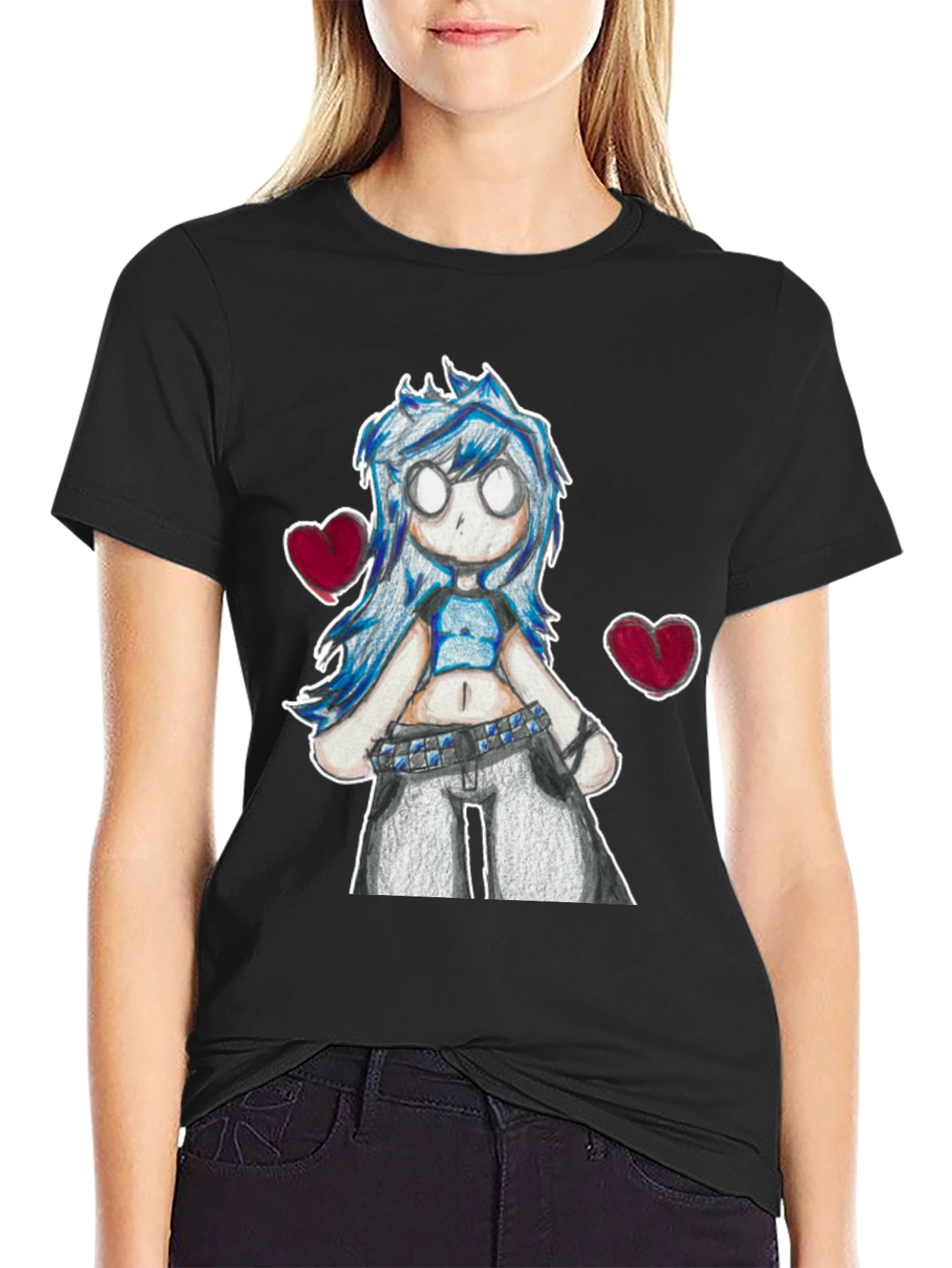 Anime Girl Graphic Tee - Black Cotton Casual T-Shirt