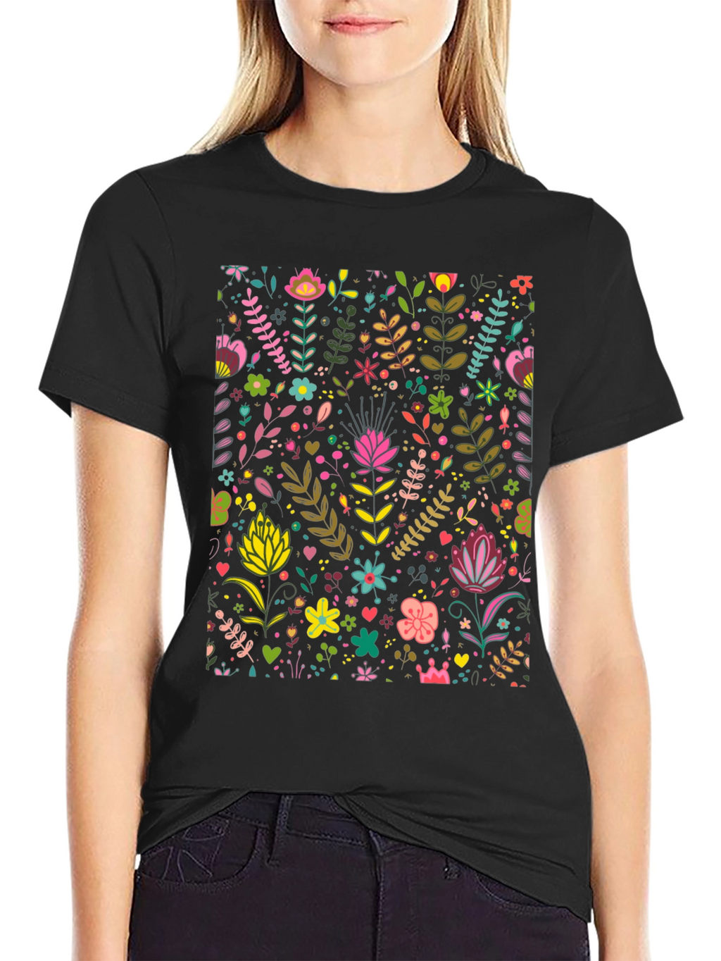 Floral Pattern T-Shirt - Black