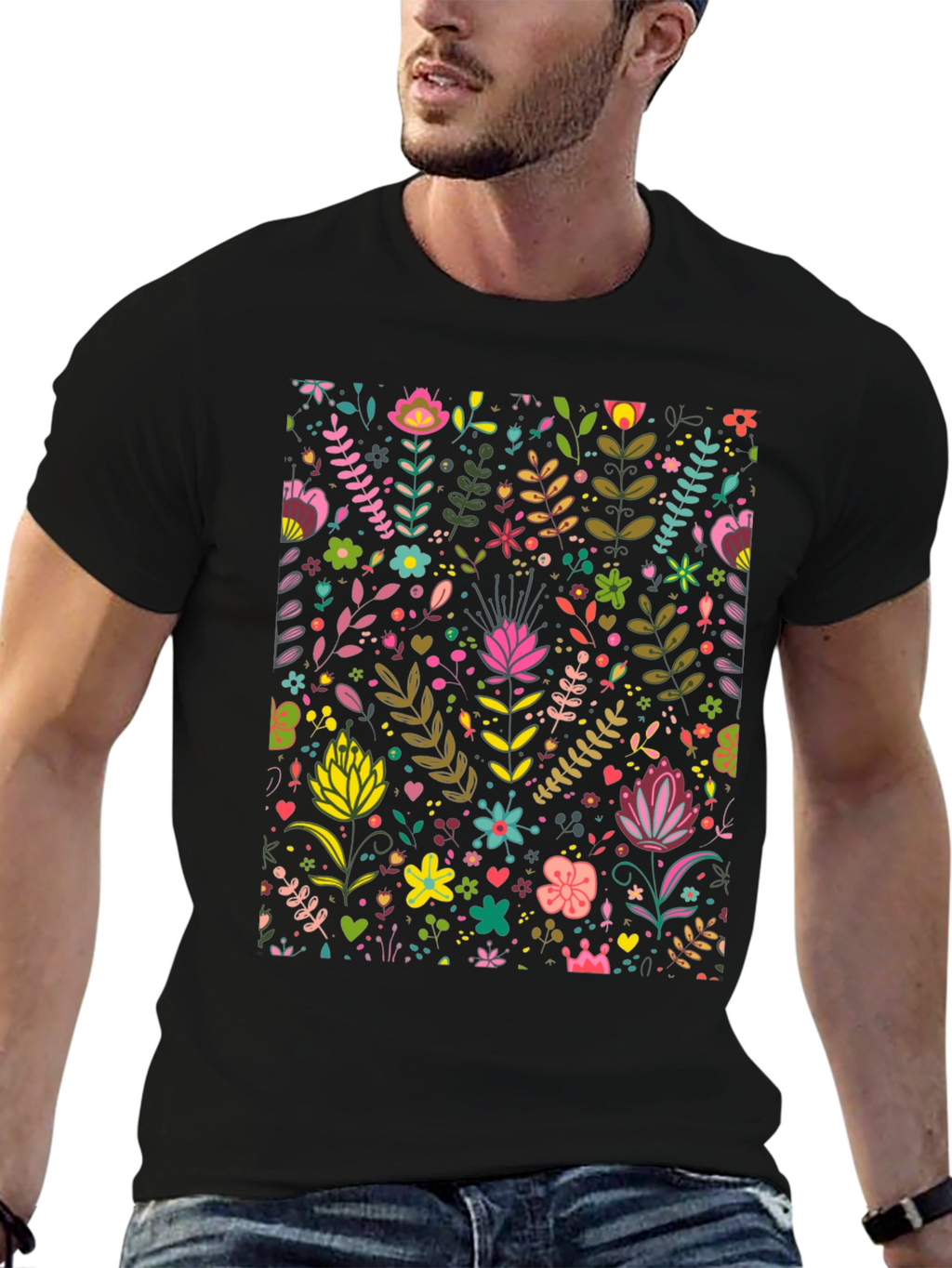 Floral Pattern T-Shirt - Black