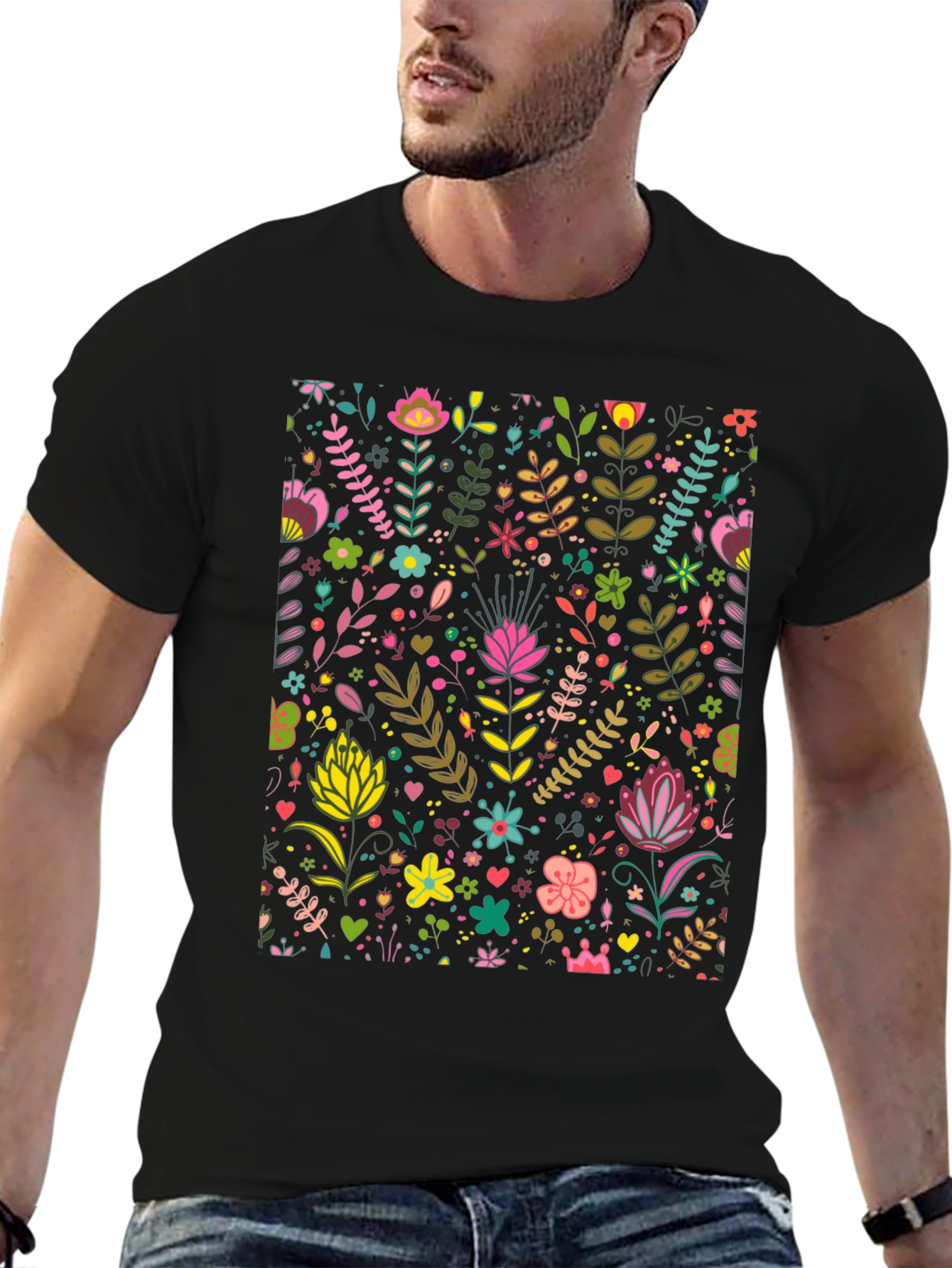 Floral Pattern T-Shirt - Black