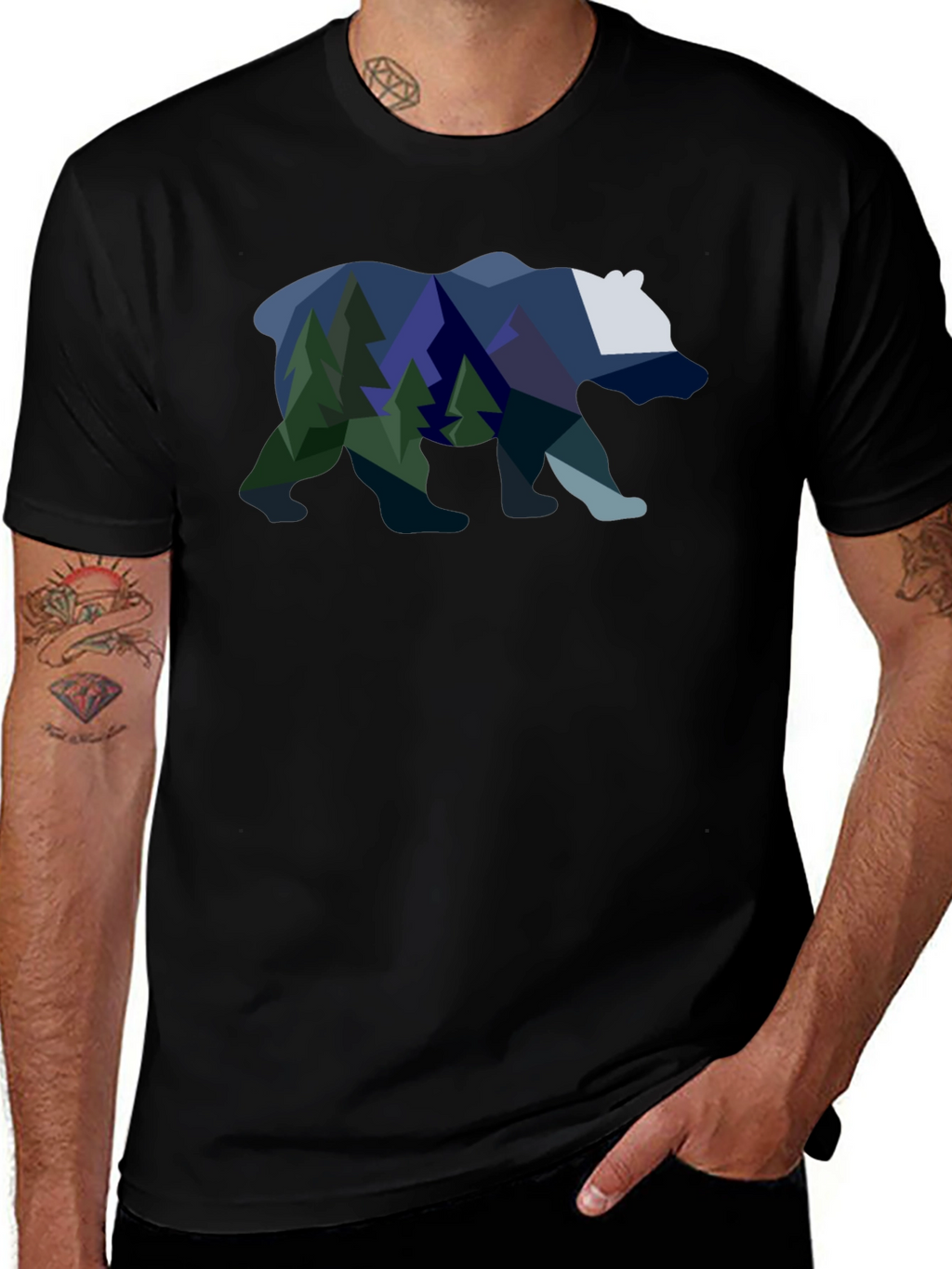 Geometric Bear & Mountain Scene Graphic Tee
