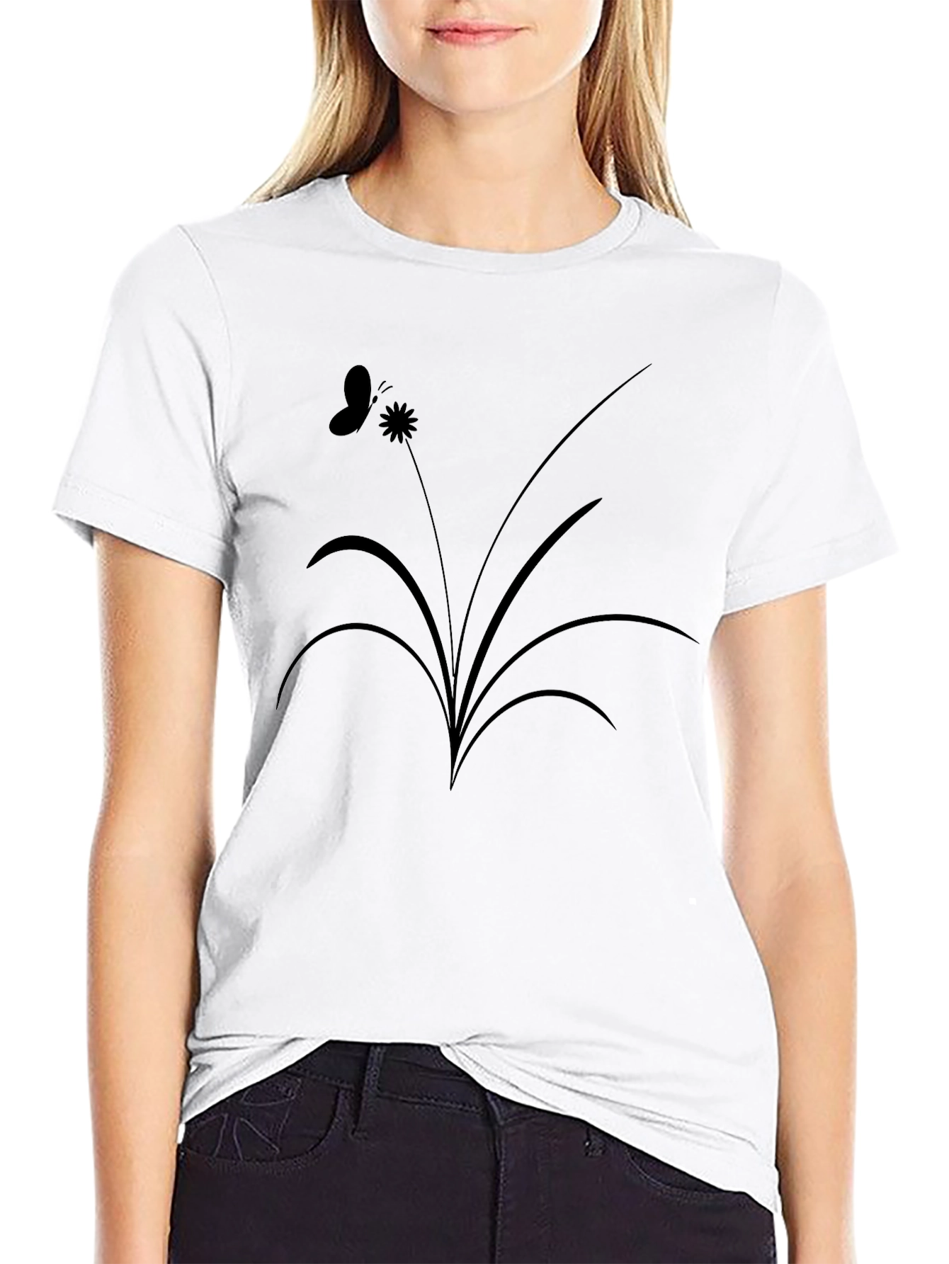 Black Graphic Tee: Butterfly & Floral Design