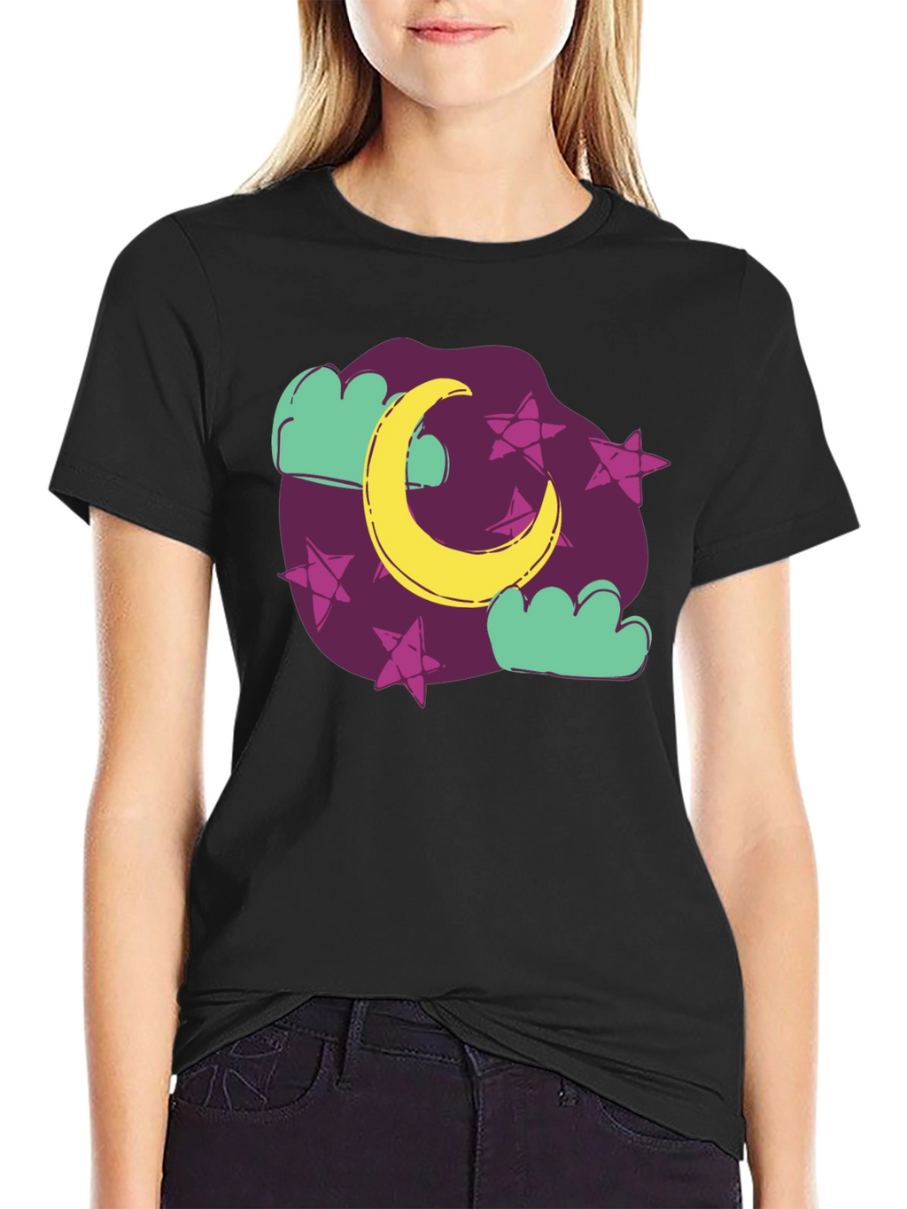 Dreamy Moon & Stars Graphic Tee - Black Cotton