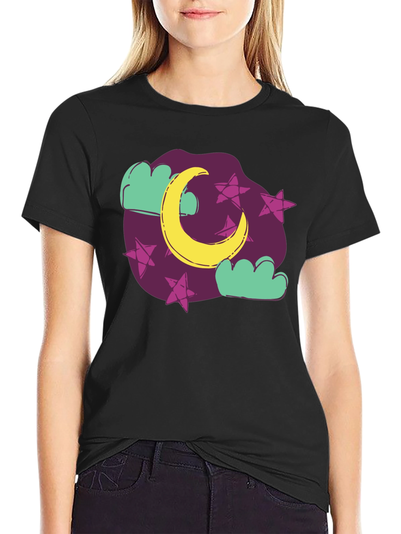 Dreamy Moon & Stars Graphic Tee - Black Cotton