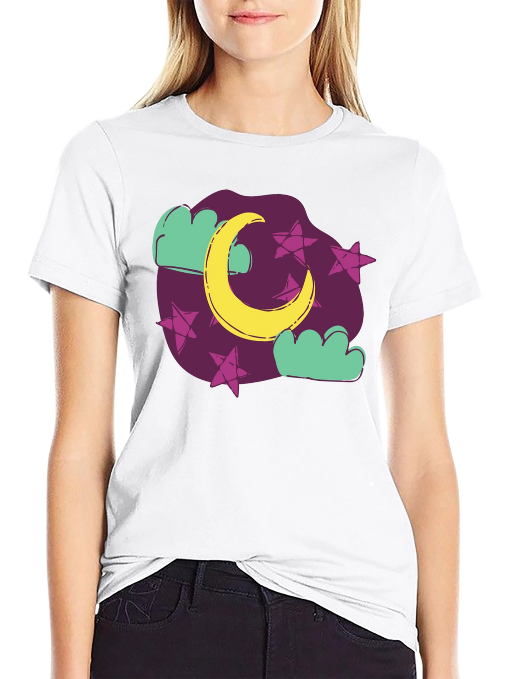 Dreamy Moon & Stars Graphic Tee - Black Cotton