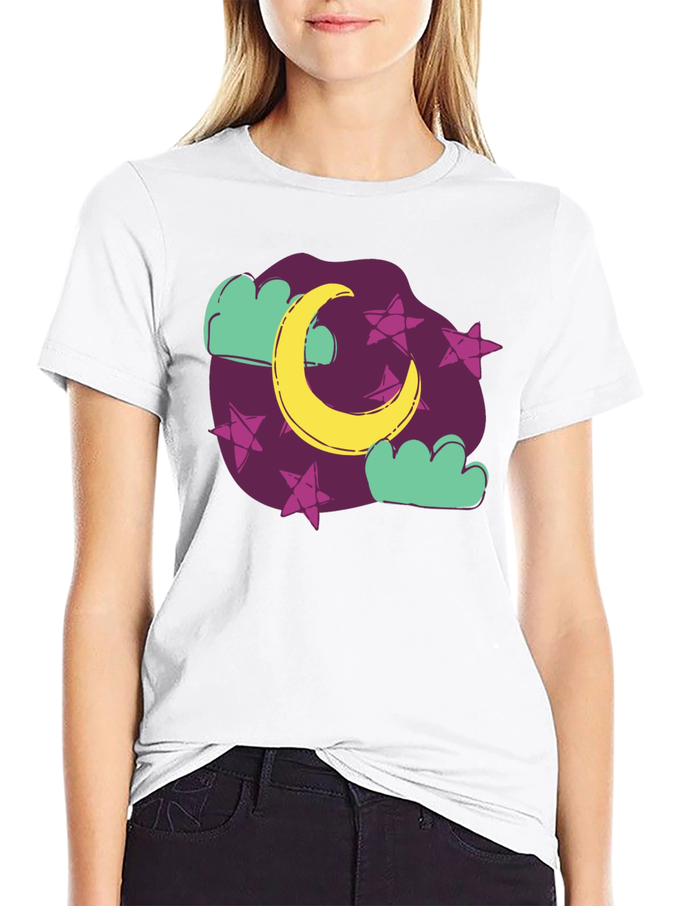 Dreamy Moon & Stars Graphic Tee - Black Cotton