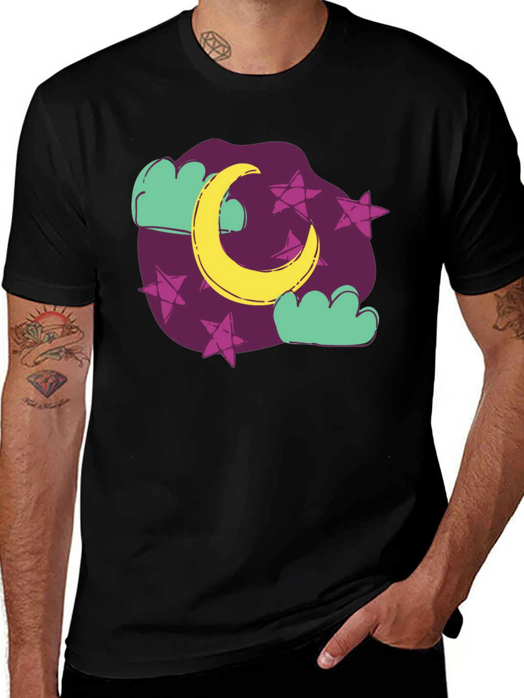 Dreamy Moon & Stars Graphic Tee - Black Cotton