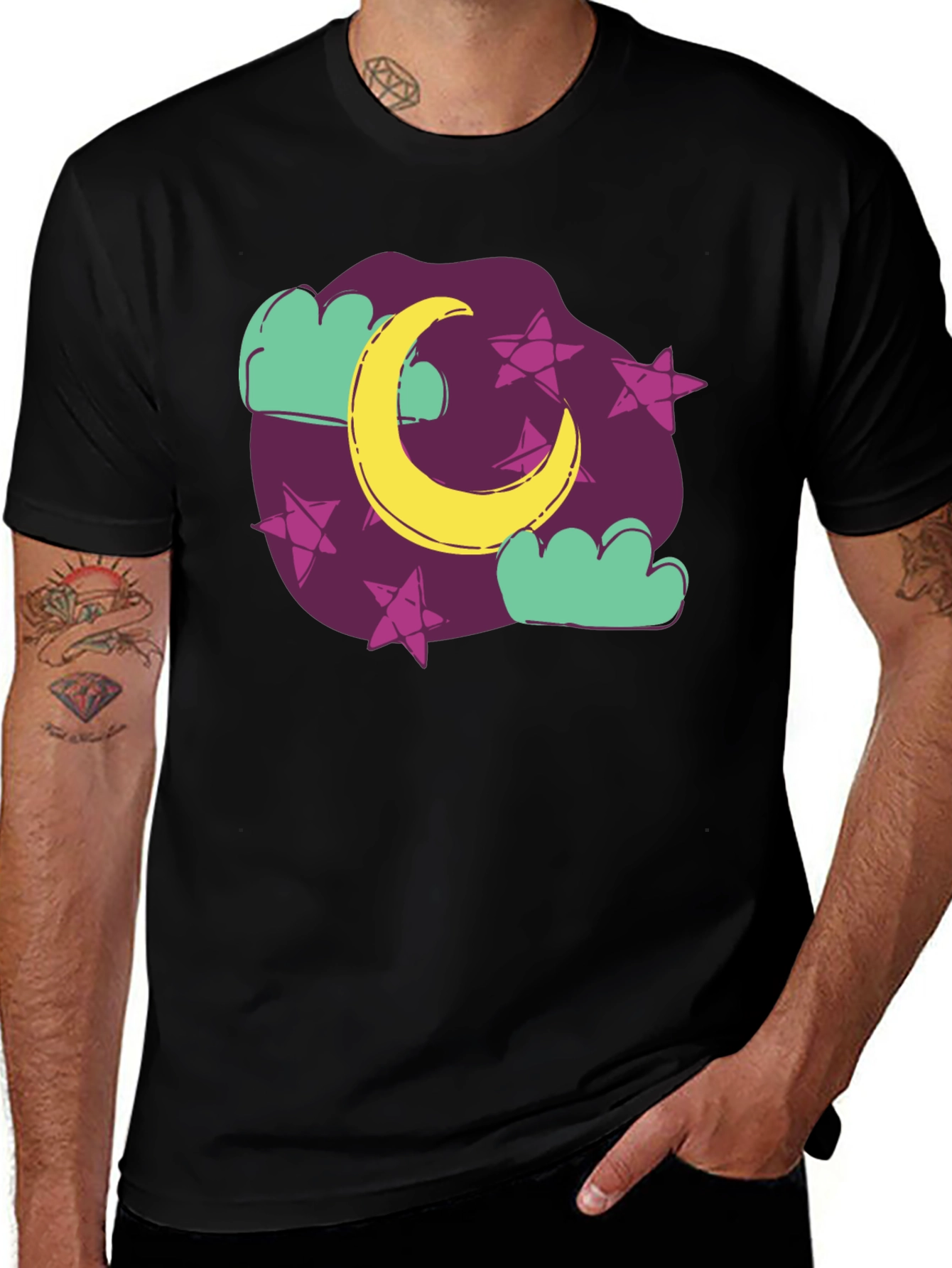 Dreamy Moon & Stars Graphic Tee - Black Cotton