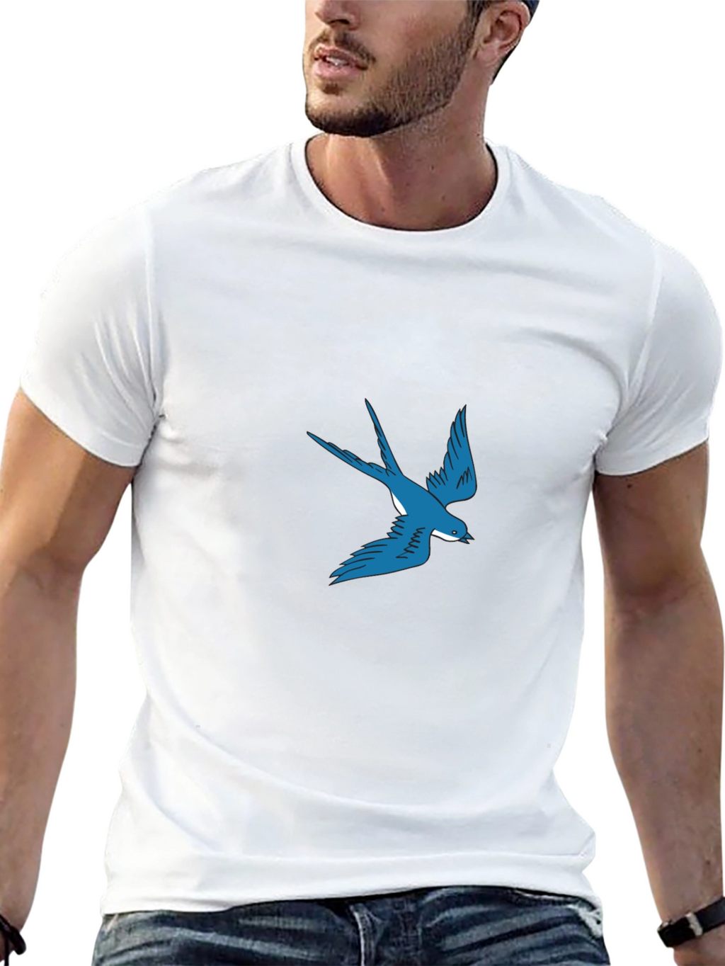 Blue Swallow Graphic Black T-Shirt