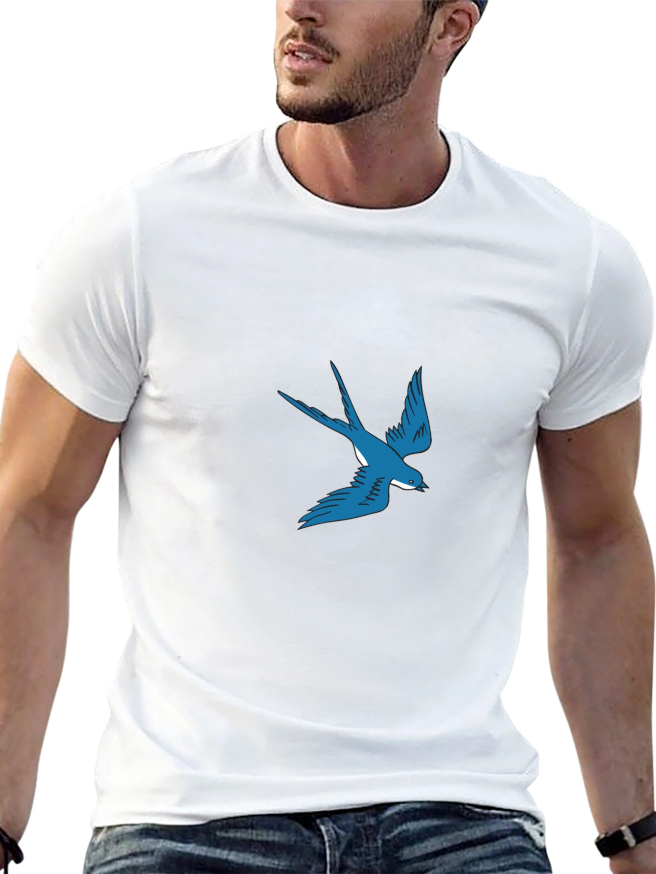 Blue Swallow Graphic Black T-Shirt