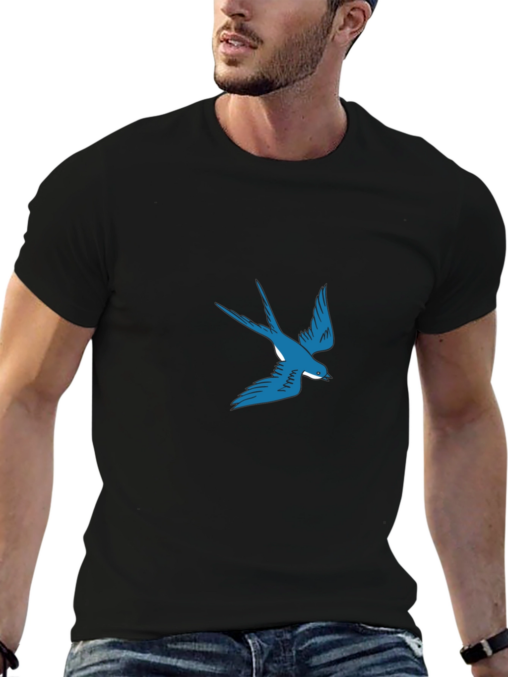 Blue Swallow Graphic Black T-Shirt