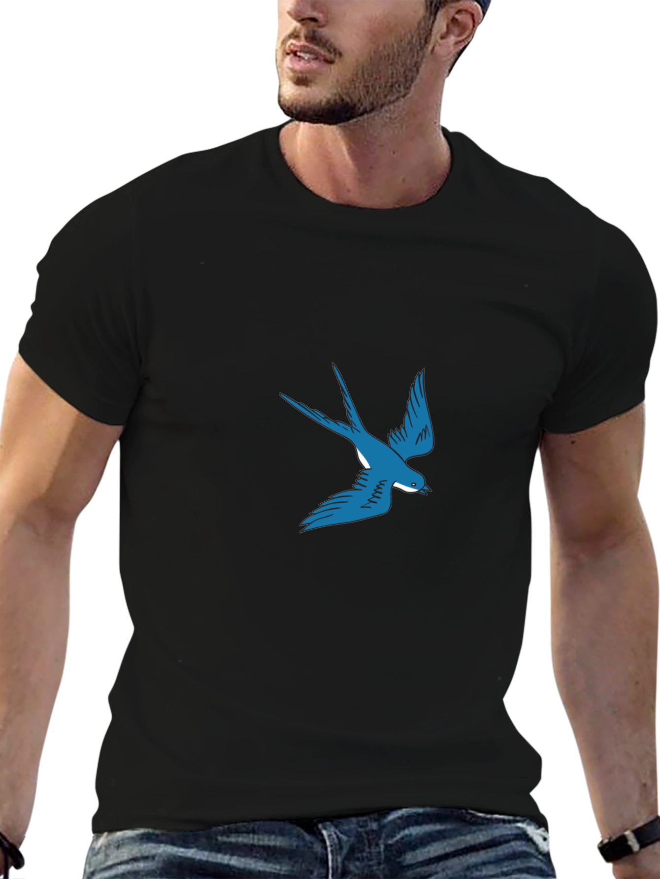 Blue Swallow Graphic Black T-Shirt