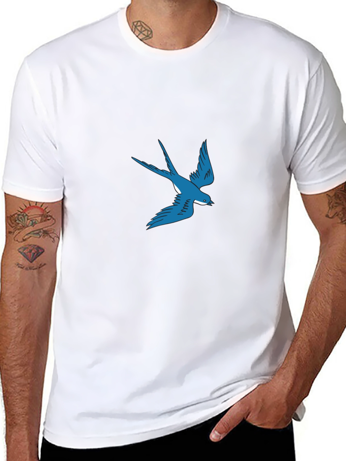 Blue Swallow Graphic Black T-Shirt