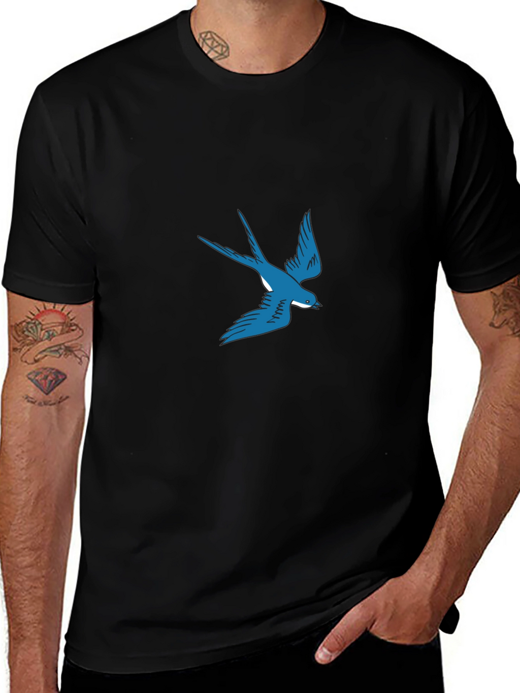 Blue Swallow Graphic Black T-Shirt