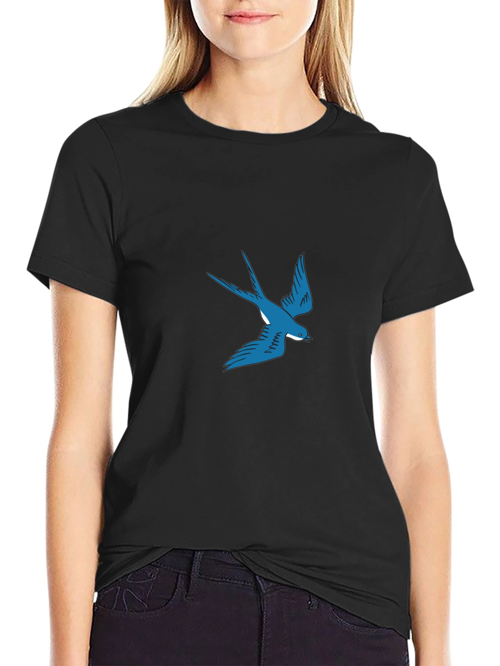 Blue Swallow Graphic Black T-Shirt