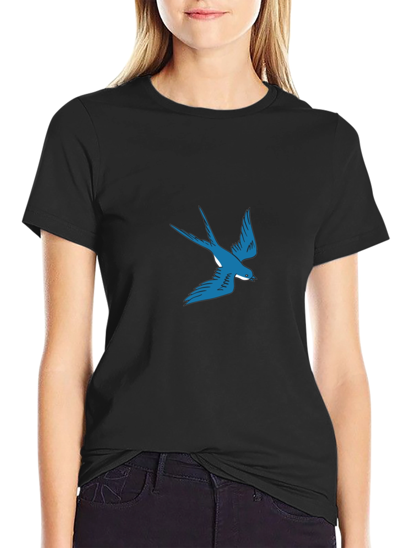 Blue Swallow Graphic Black T-Shirt