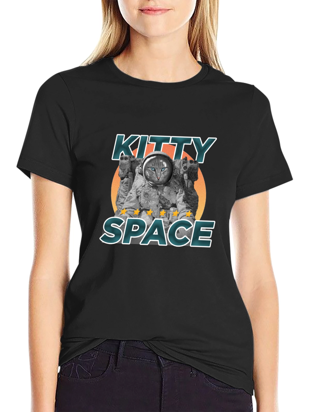 Kitty Space Black T-Shirt - Astronaut Cat Design