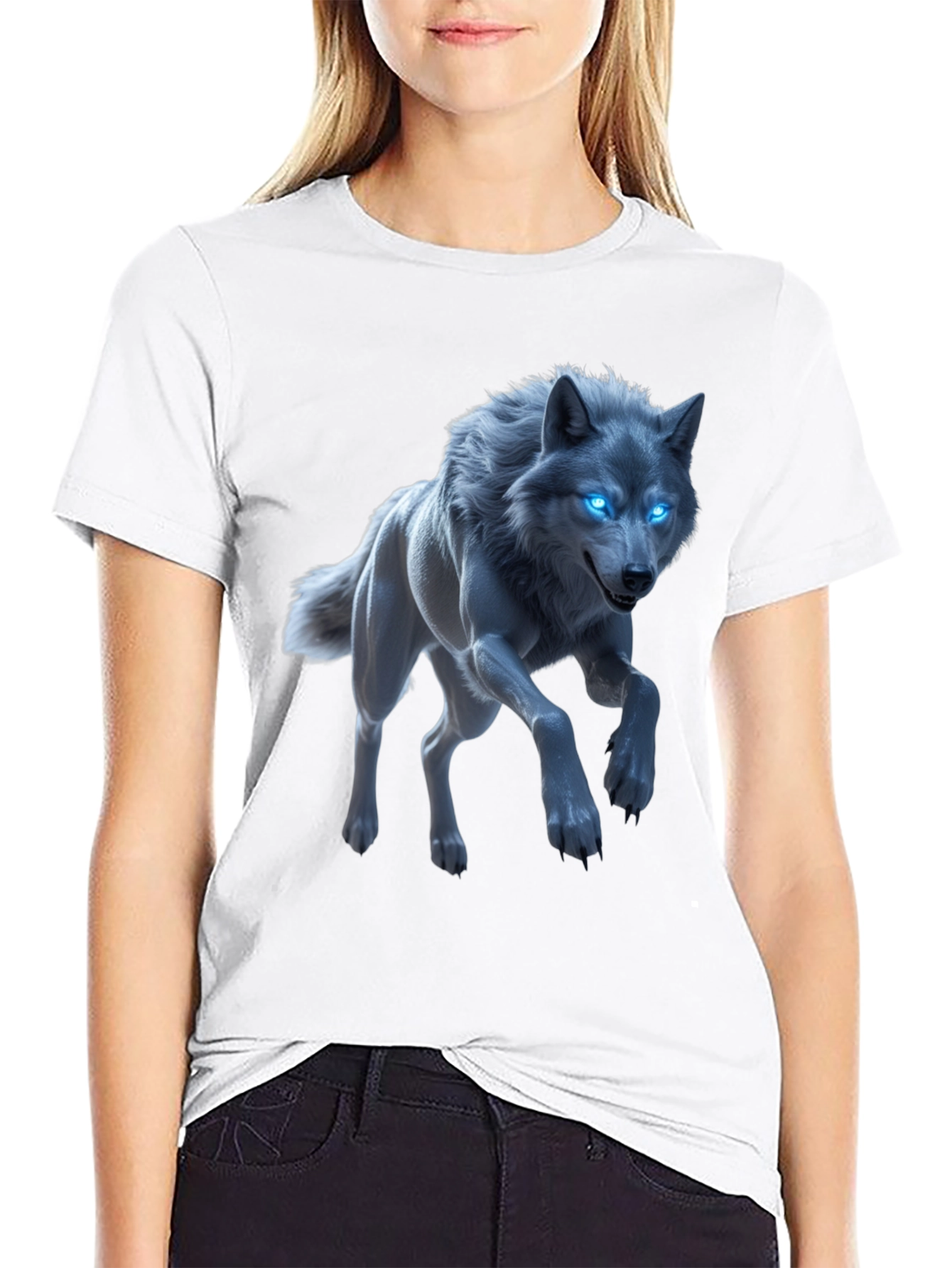 Mystic Wolf Graphic Tee - Glowing Blue Eyes