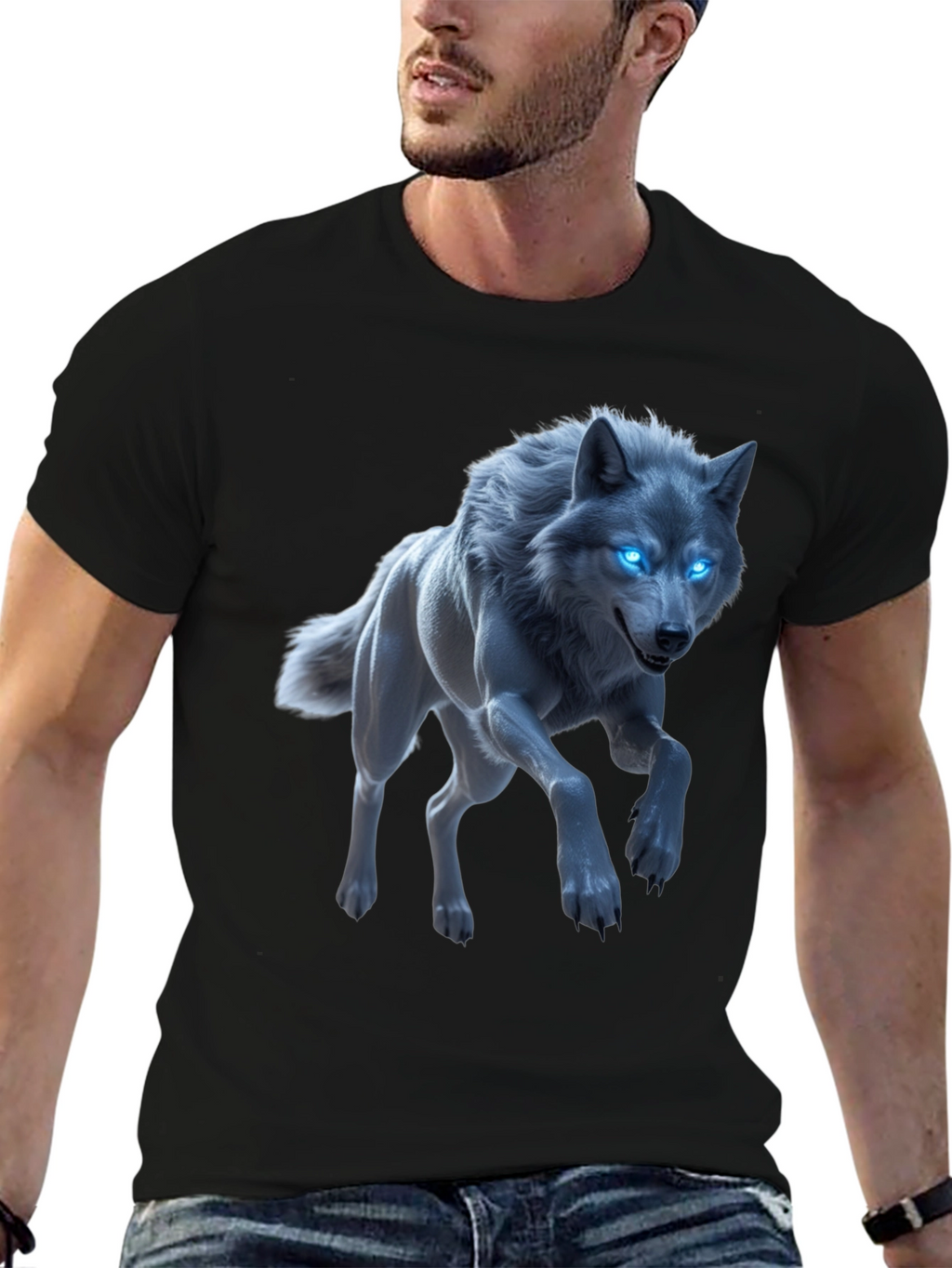 Mystic Wolf Graphic Tee - Glowing Blue Eyes