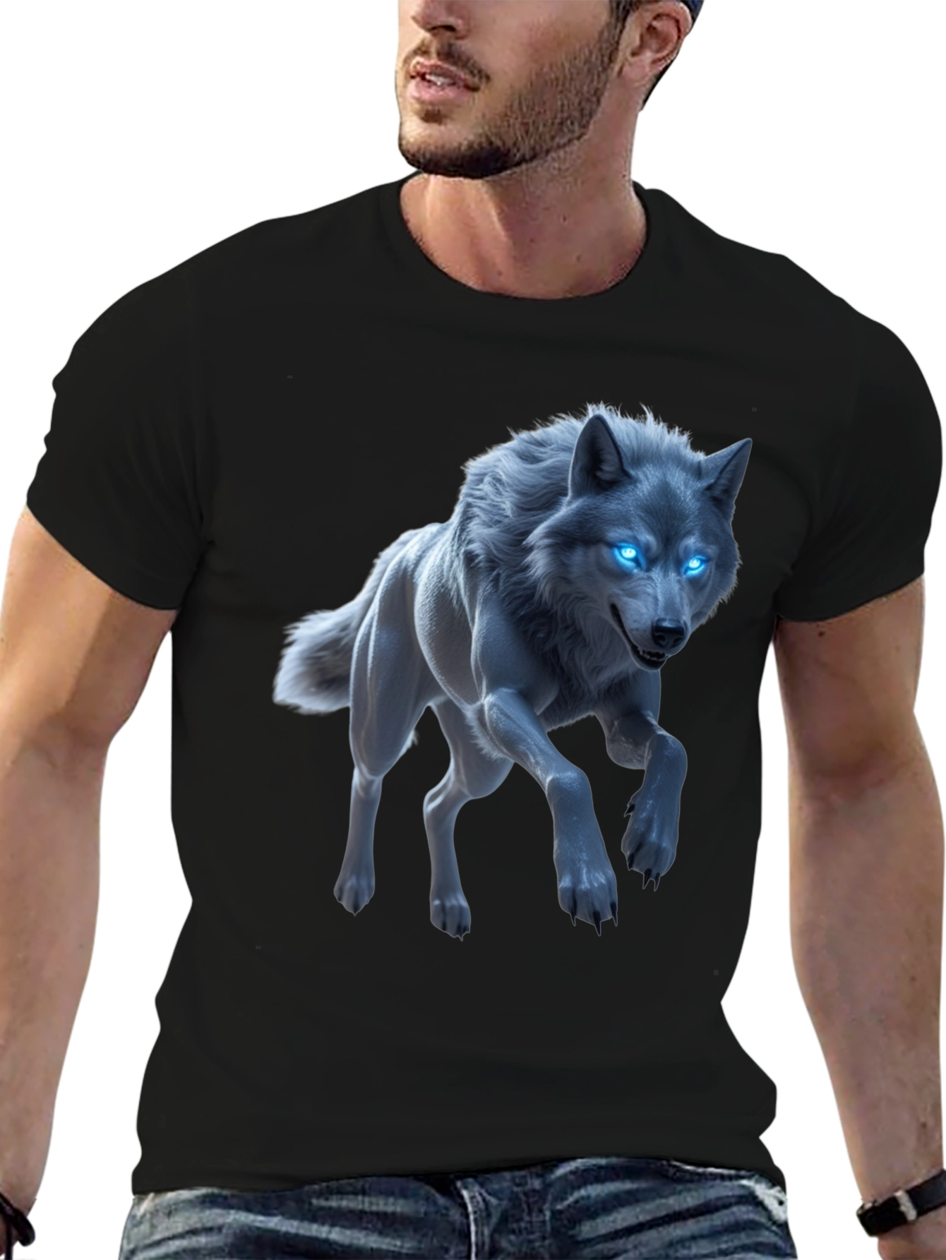 Mystic Wolf Graphic Tee - Glowing Blue Eyes