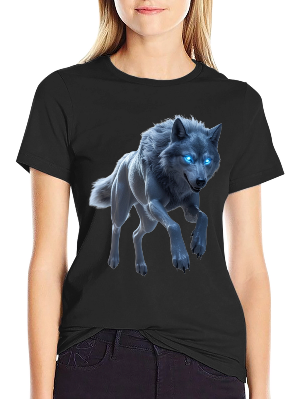 Mystic Wolf Graphic Tee - Glowing Blue Eyes