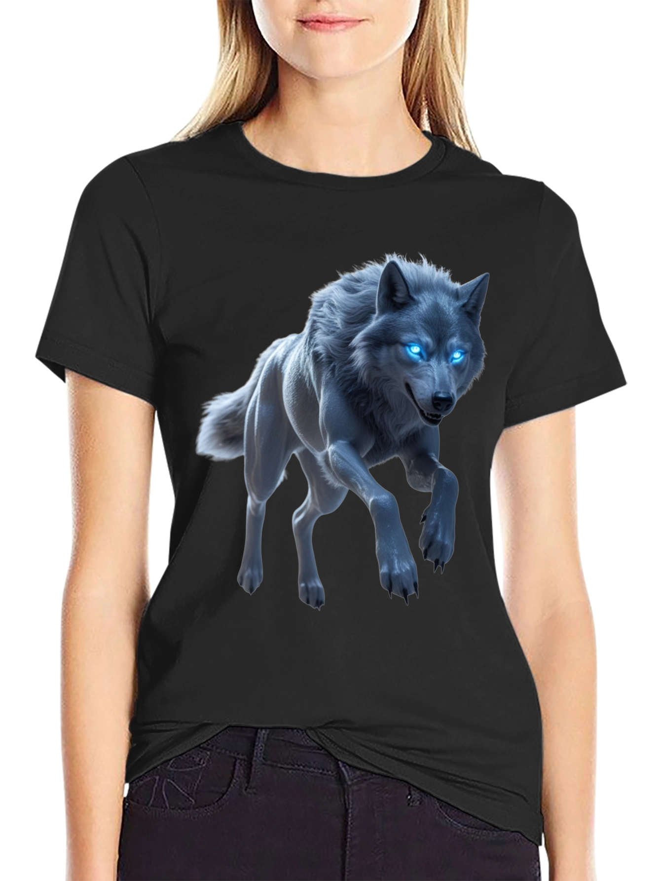 Mystic Wolf Graphic Tee - Glowing Blue Eyes