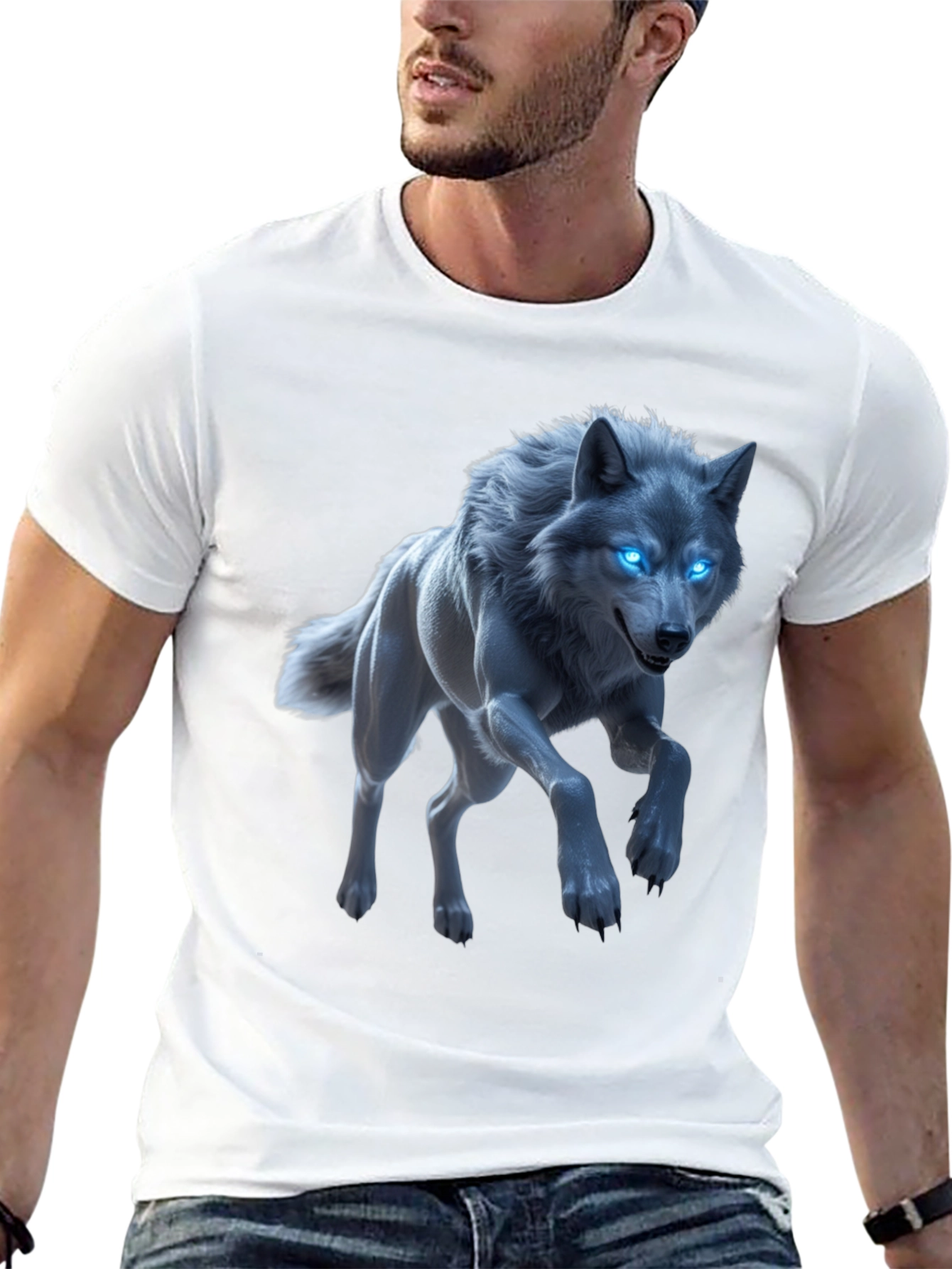 Mystic Wolf Graphic Tee - Glowing Blue Eyes