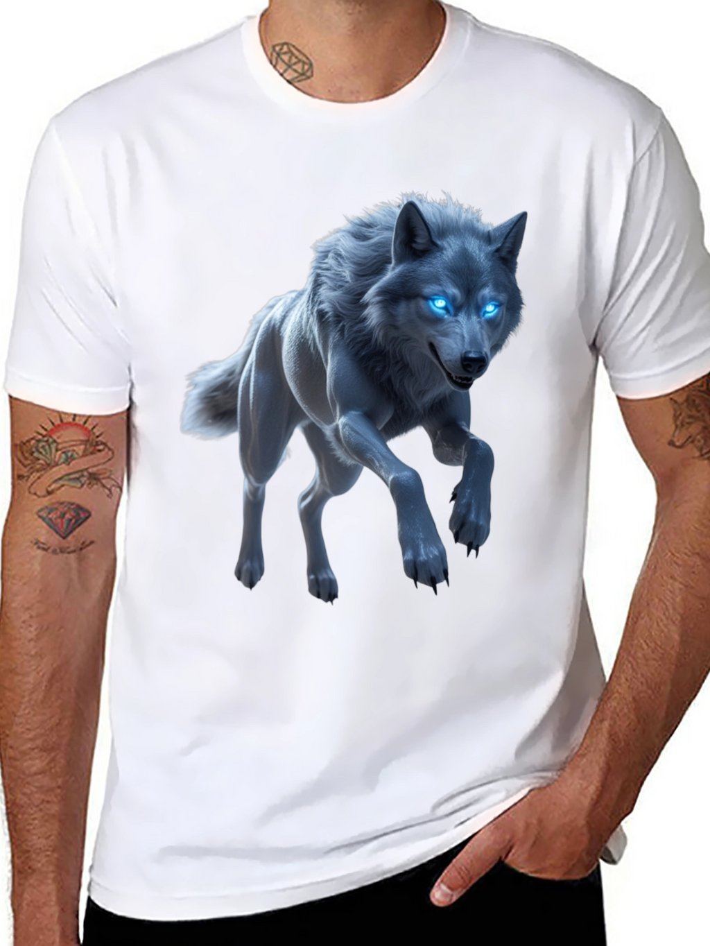 Mystic Wolf Graphic Tee - Glowing Blue Eyes