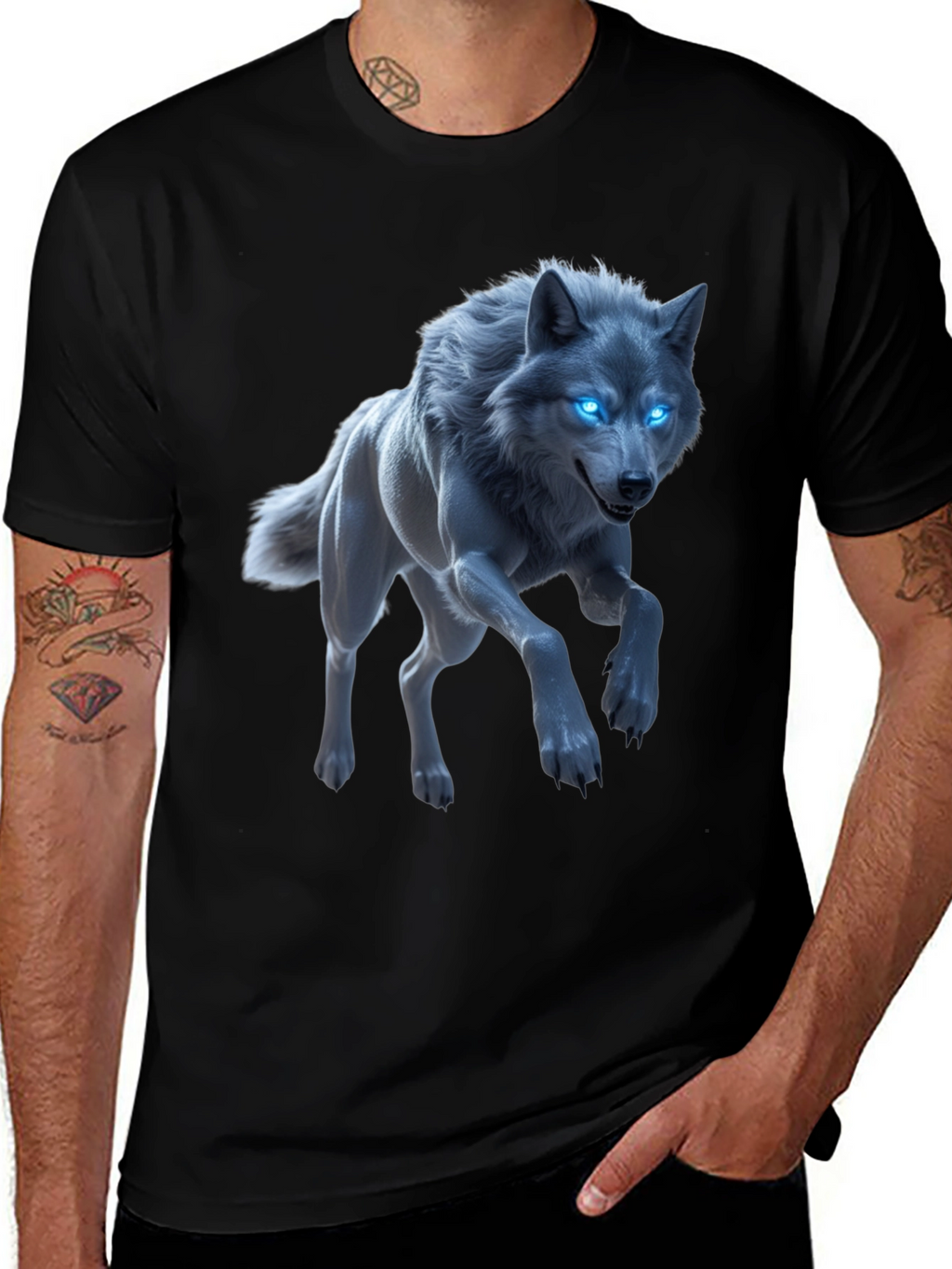 Mystic Wolf Graphic Tee - Glowing Blue Eyes