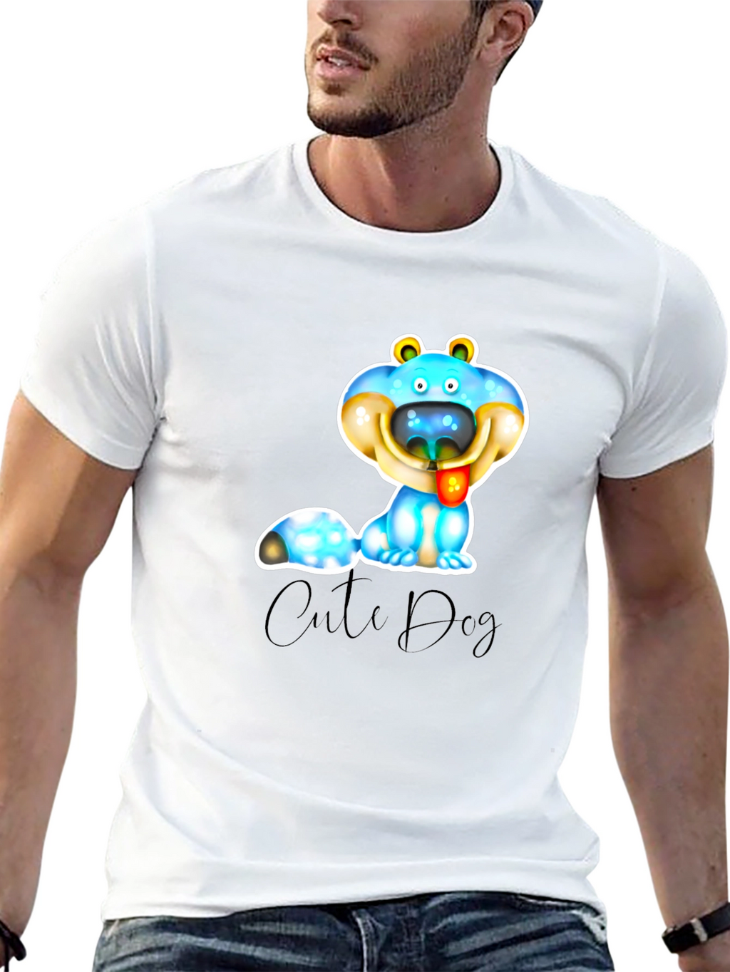 Cute Dog Graphic T-Shirt - Black Cotton Blend