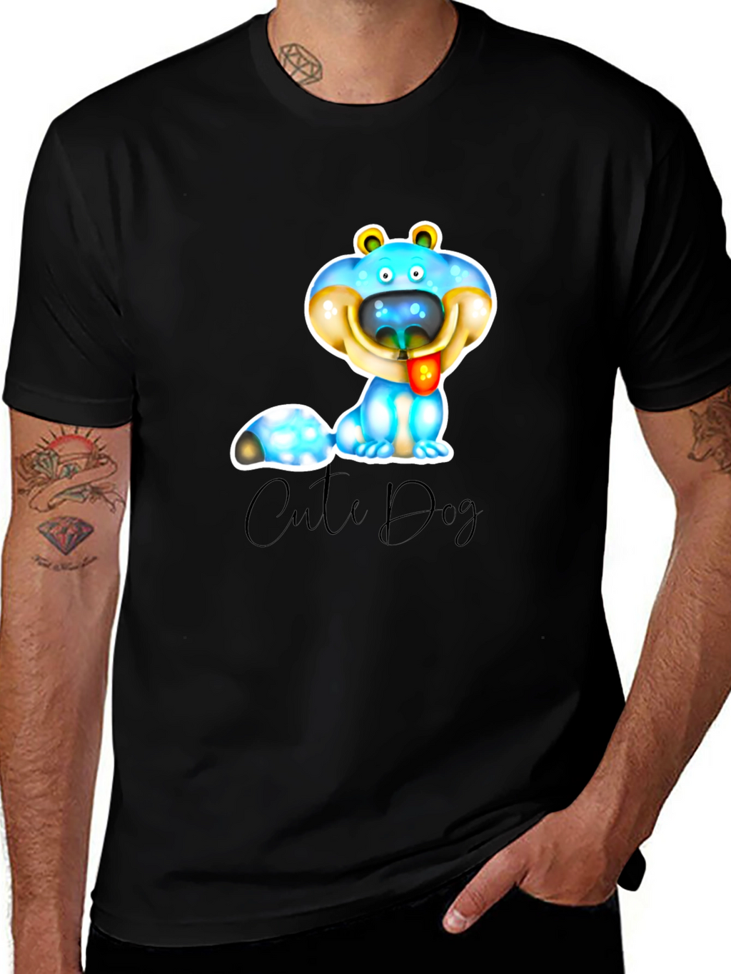 Cute Dog Graphic T-Shirt - Black Cotton Blend