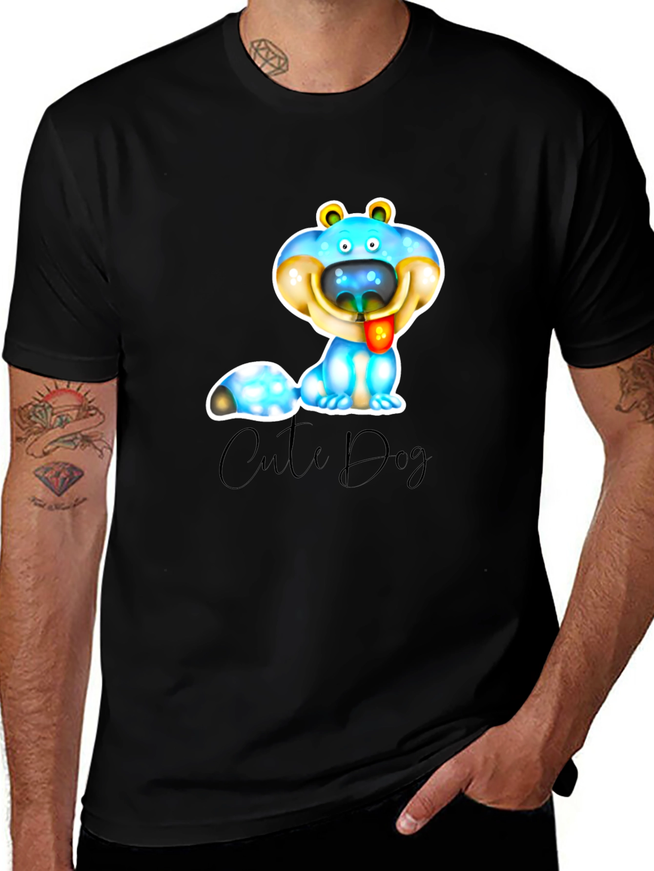 Cute Dog Graphic T-Shirt - Black Cotton Blend