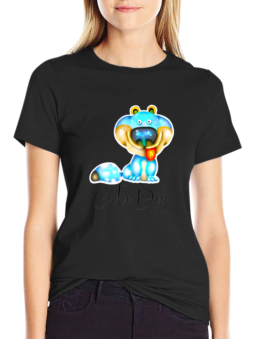 Cute Dog Graphic T-Shirt - Black Cotton Blend