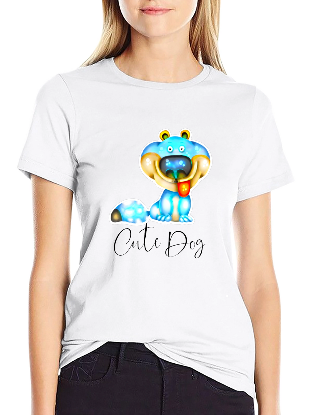 Cute Dog Graphic T-Shirt - Black Cotton Blend