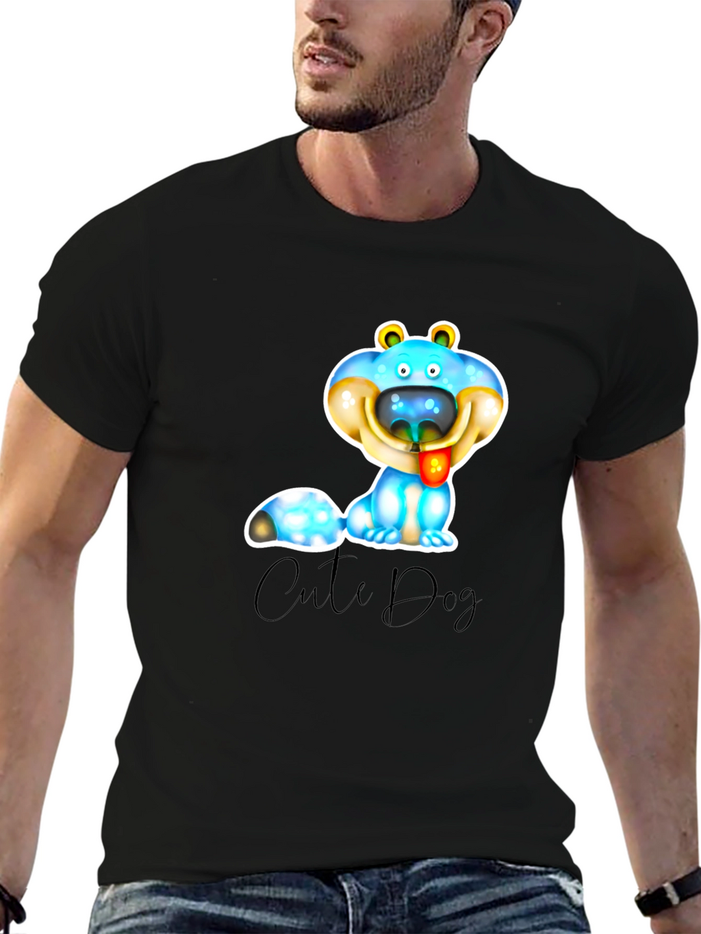 Cute Dog Graphic T-Shirt - Black Cotton Blend