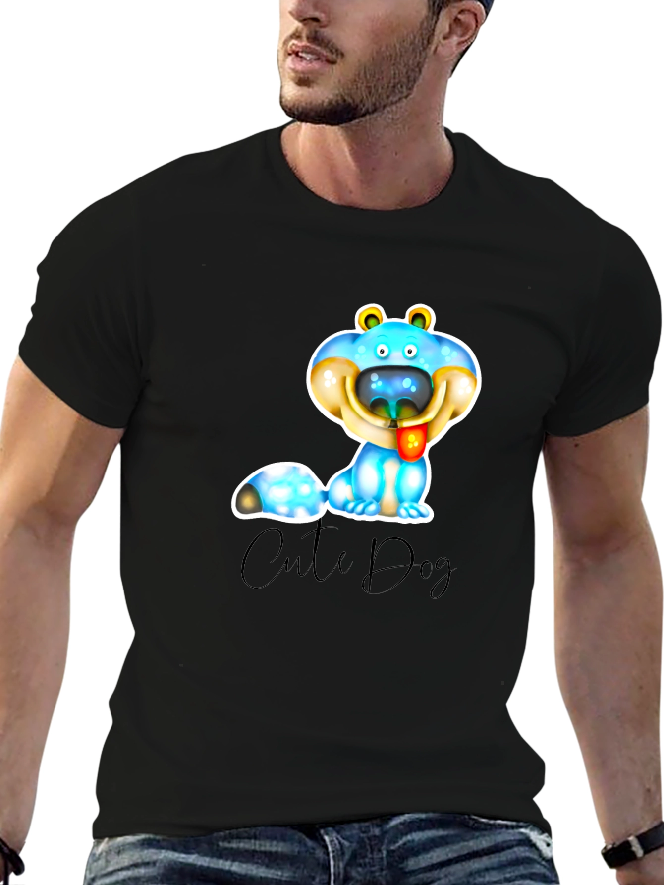 Cute Dog Graphic T-Shirt - Black Cotton Blend