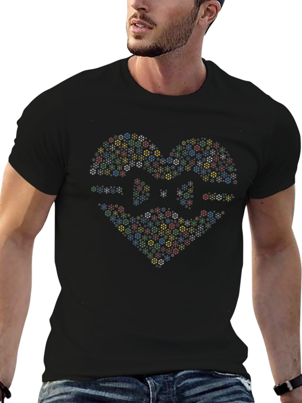 Heart Snowflake Graphic Tee - Black Cotton T-Shirt