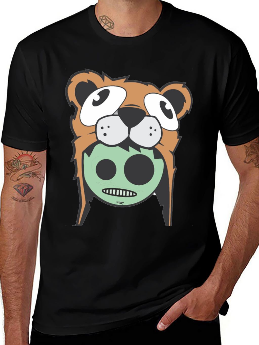 Cartoon Bear Graphic Tee - Black